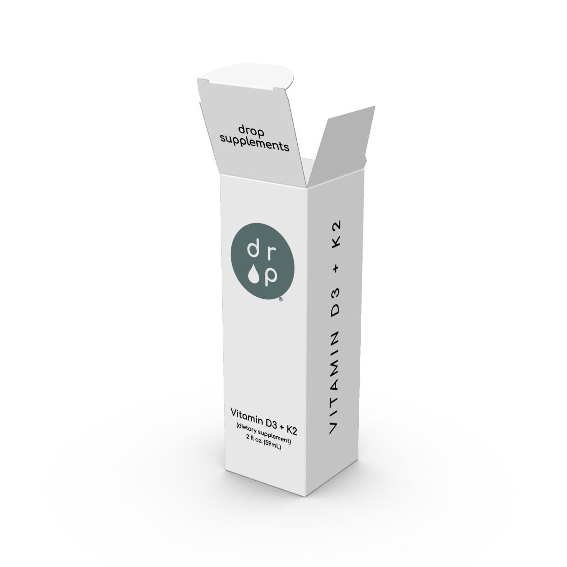 3D render of an open white Drop Supplements Vitamin D3 + K2 box showing the top tuck flaps and side text.