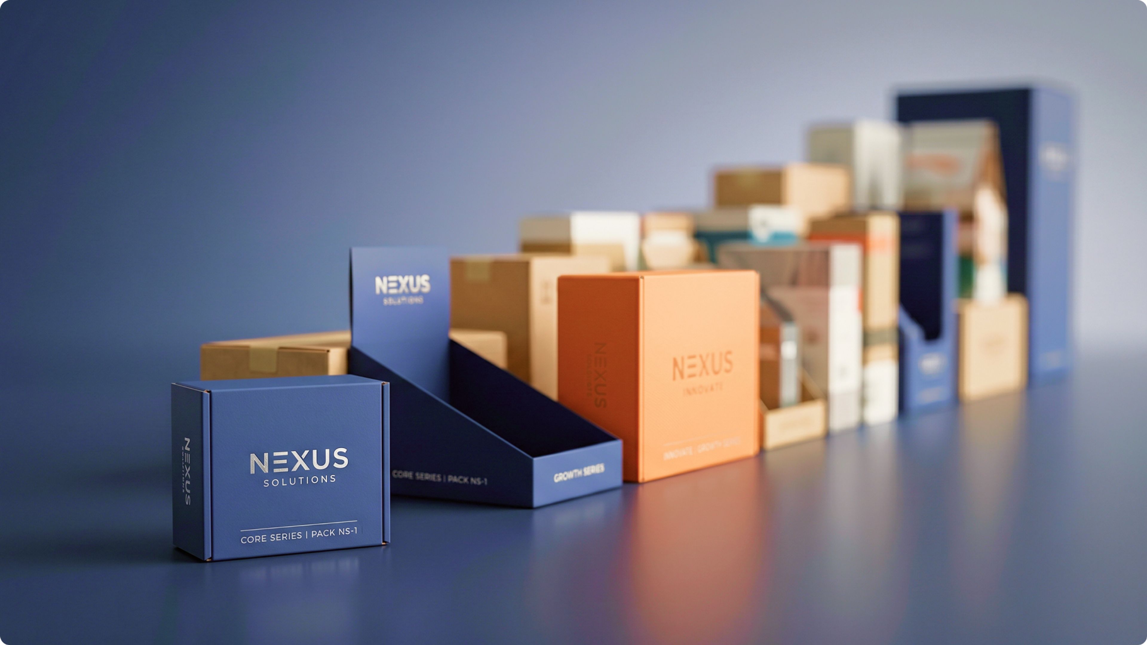 Row of branded boxes growing from one small box to many sizes, showing a scaling product line.