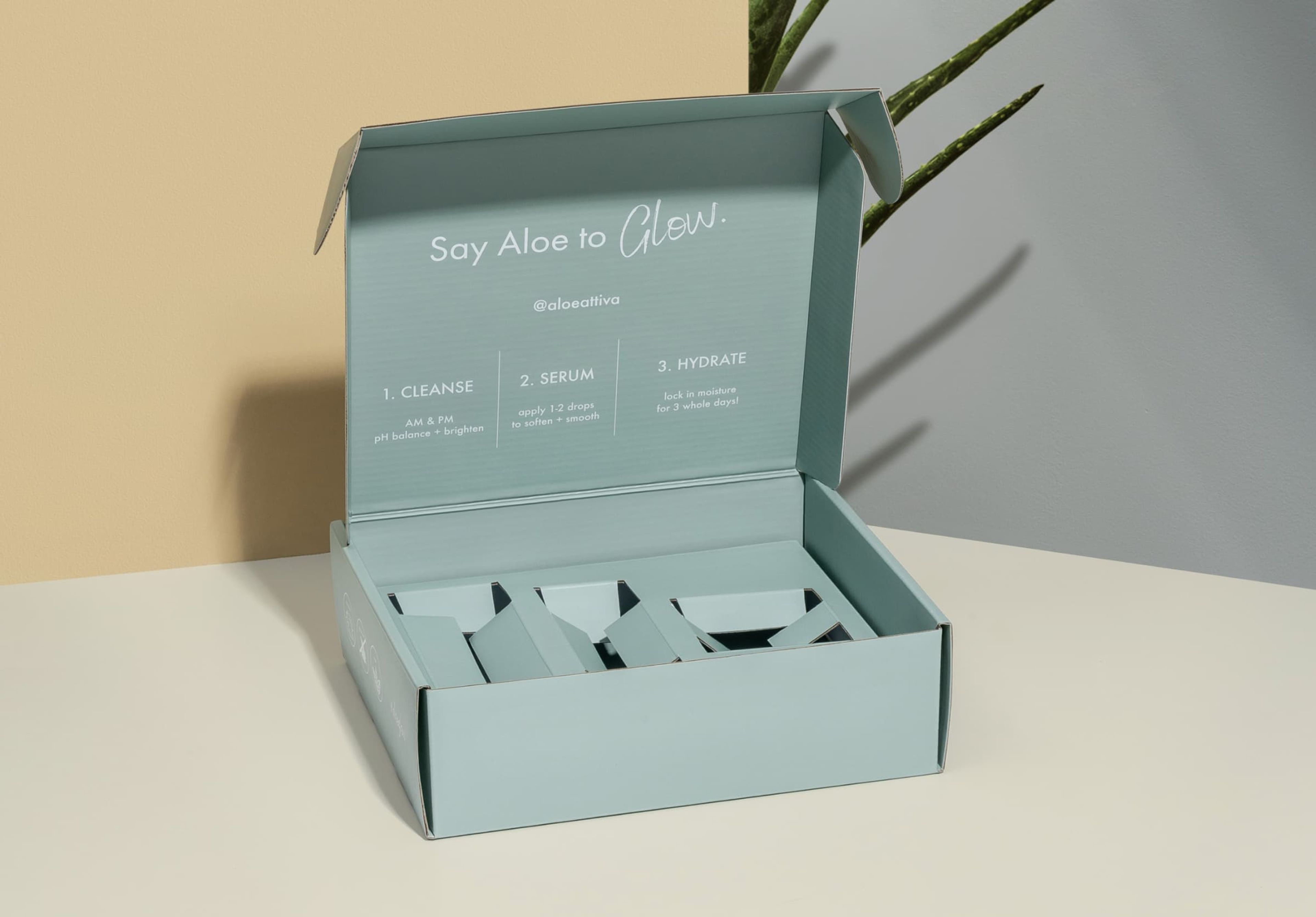 Mint sustainable corrugated box for cosmetic products.