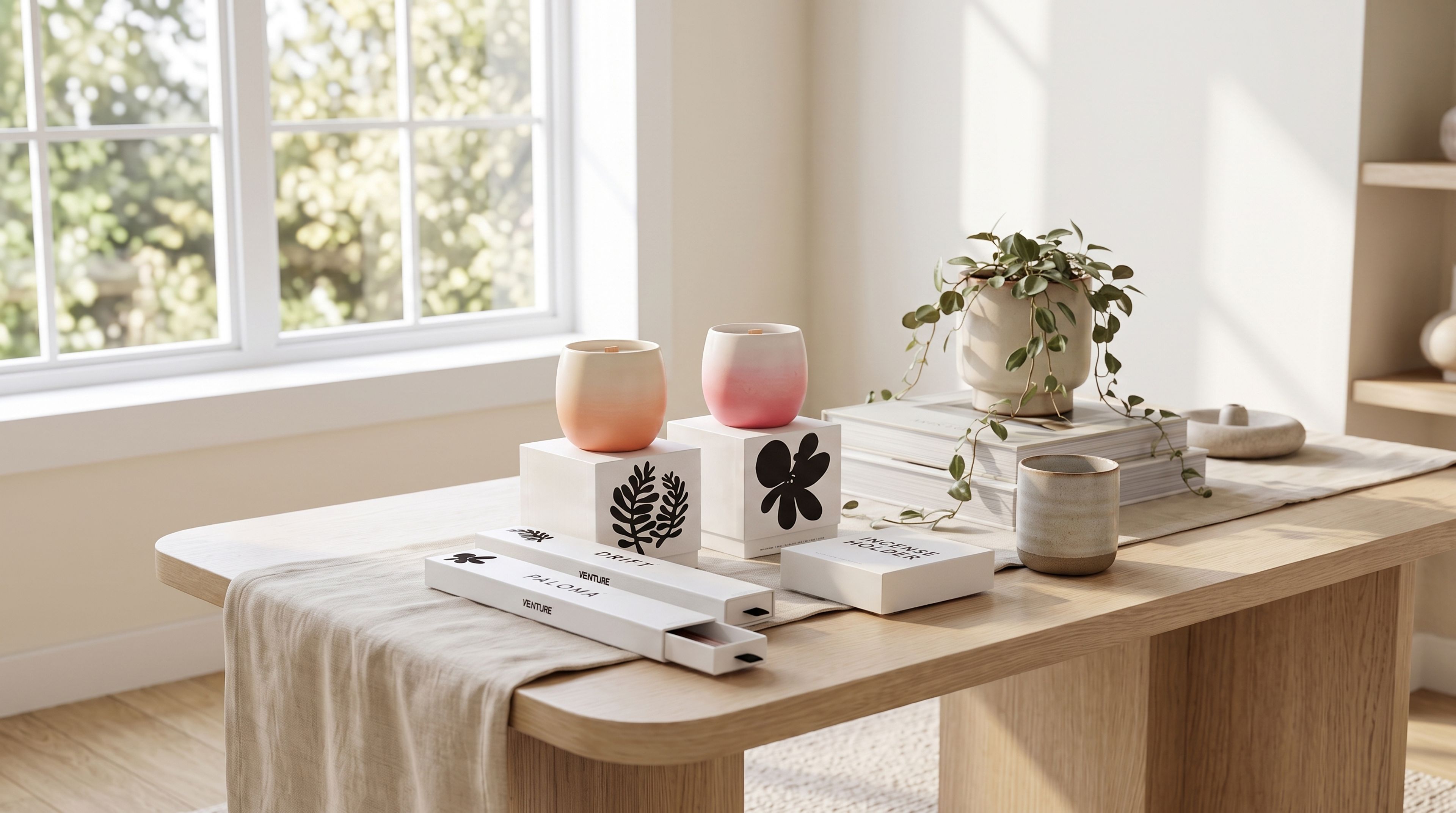 A bright, modern display on a light wood table featuring two gradient-colored candles on patterned white boxes, Venture brand incense boxes, and a trailing potted plant.