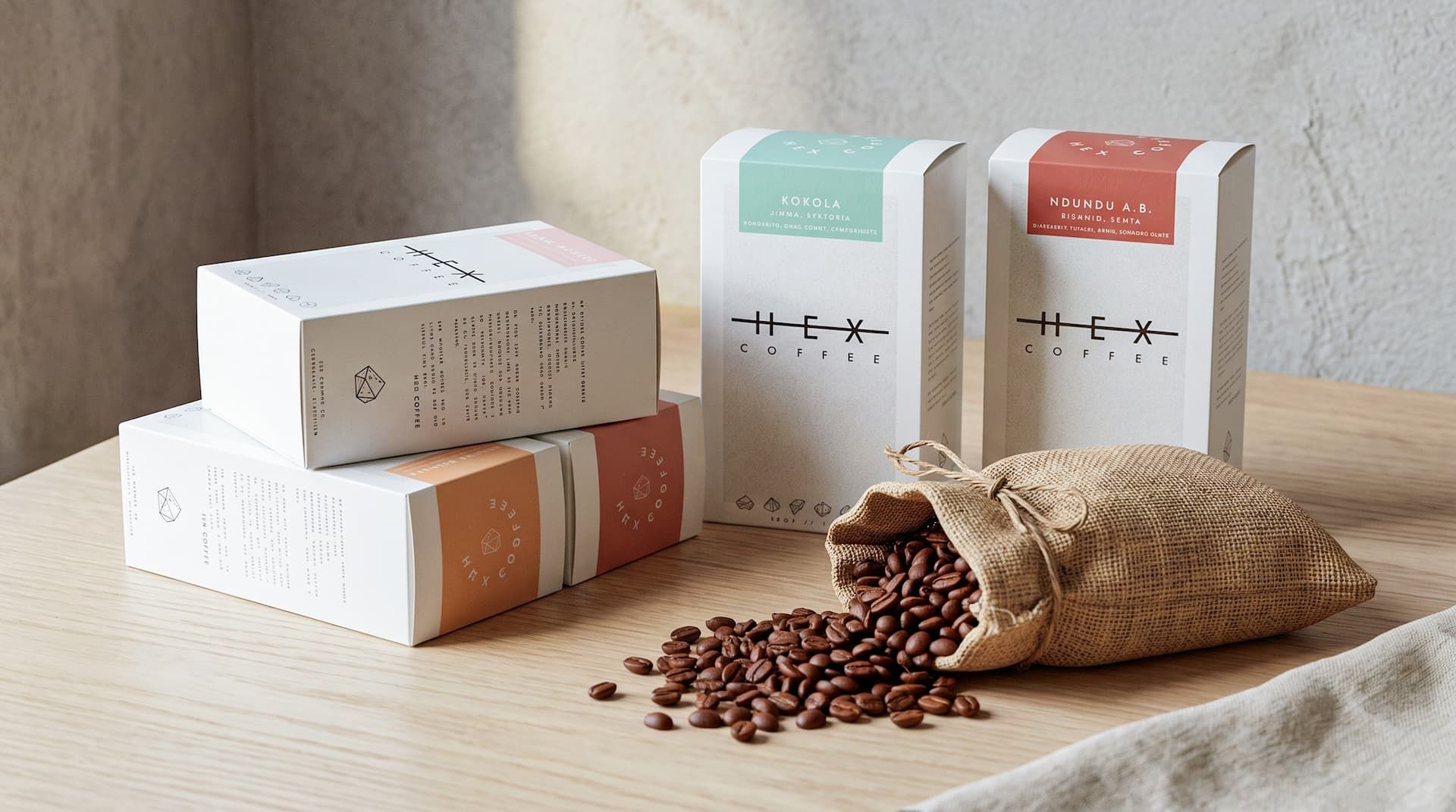 Five white Hex Coffee boxes with colored labels and a burlap sack spilling coffee beans on a wooden table.