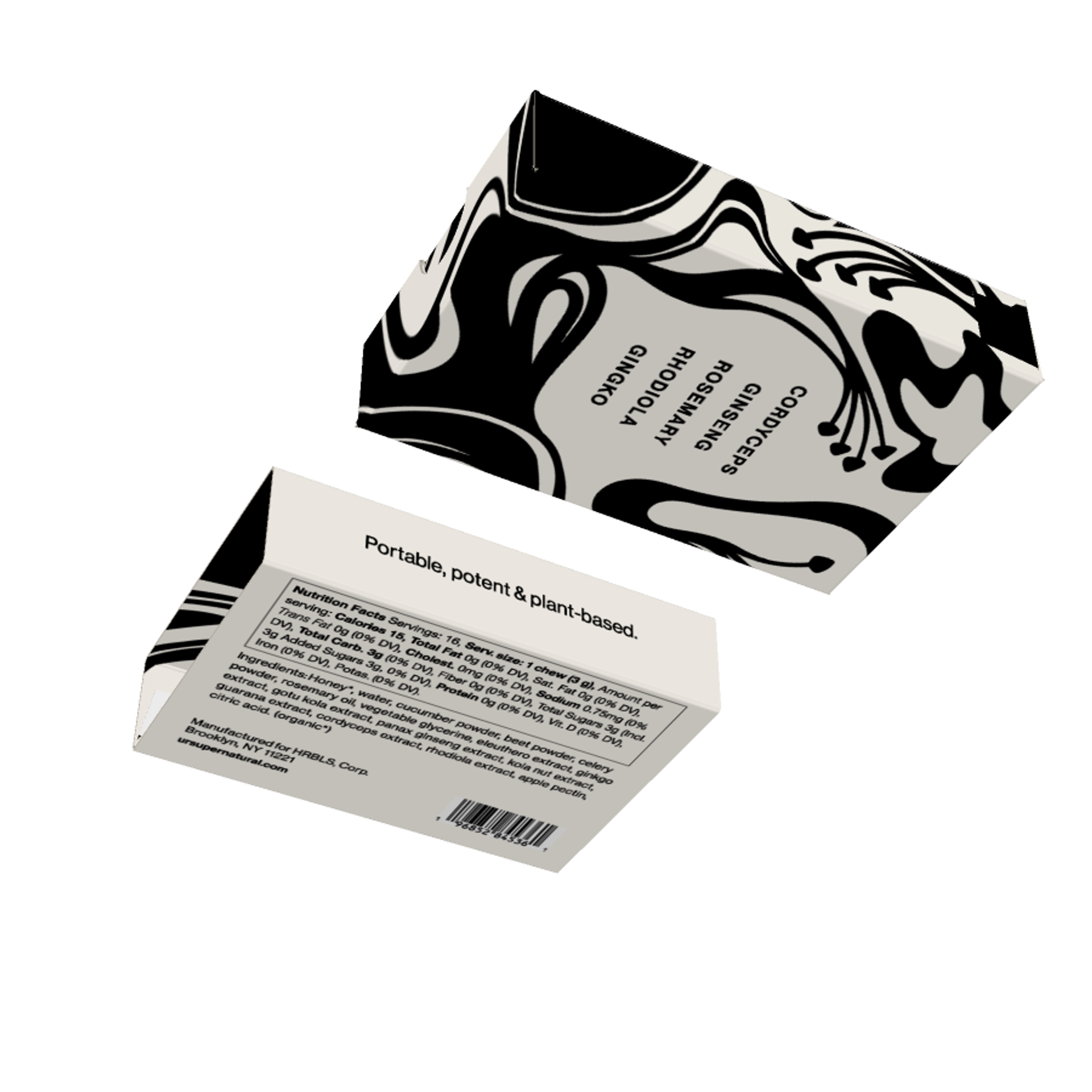 3D render of the back and bottom of a white HRBLS Everyday Endurance box showing ingredients and nutrition.