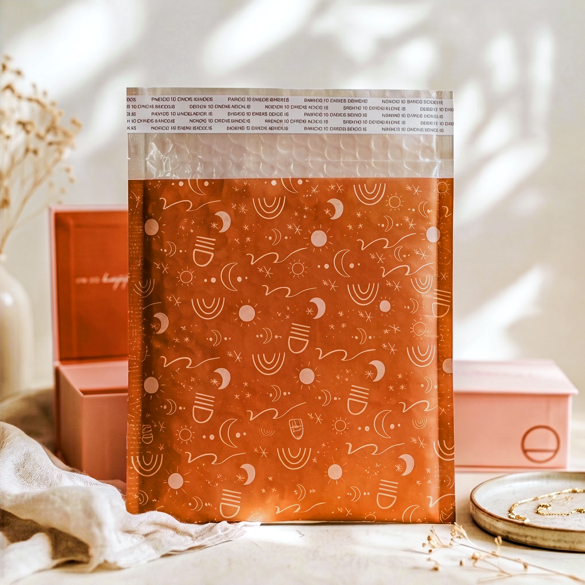 A rust-colored bubble mailer decorated with a white pattern of suns, moons, stars, and rainbows, standing upright.