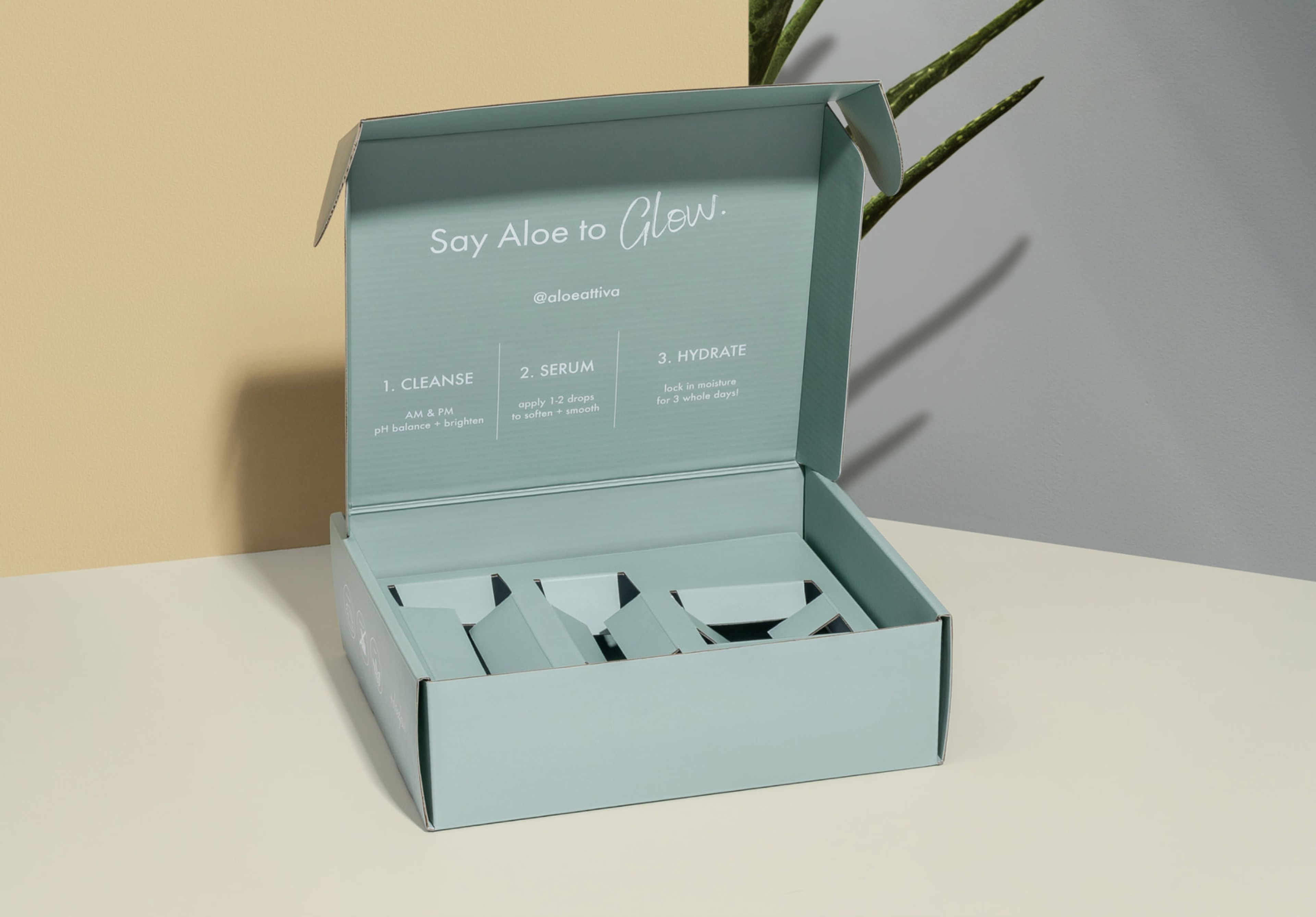 Turquoise corrugated mailer box with custom insert by Aloe Attiva.