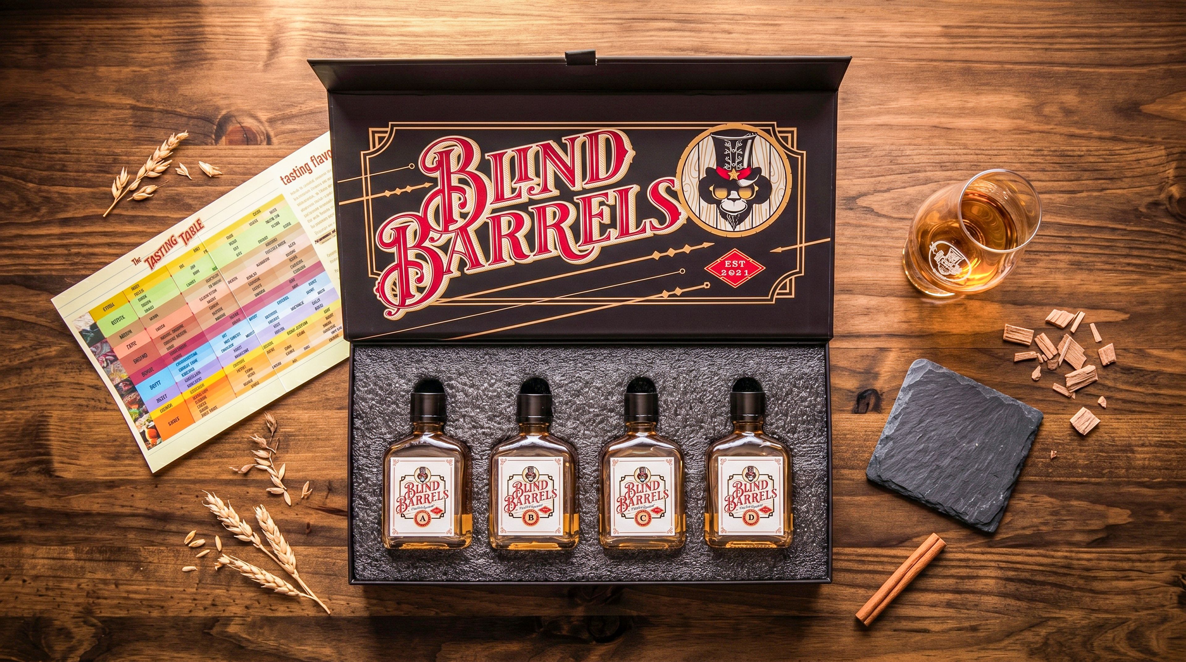 Flat lay of the open Blind Barrels whiskey box, four tasting bottles in EPE foam, and an instruction card.