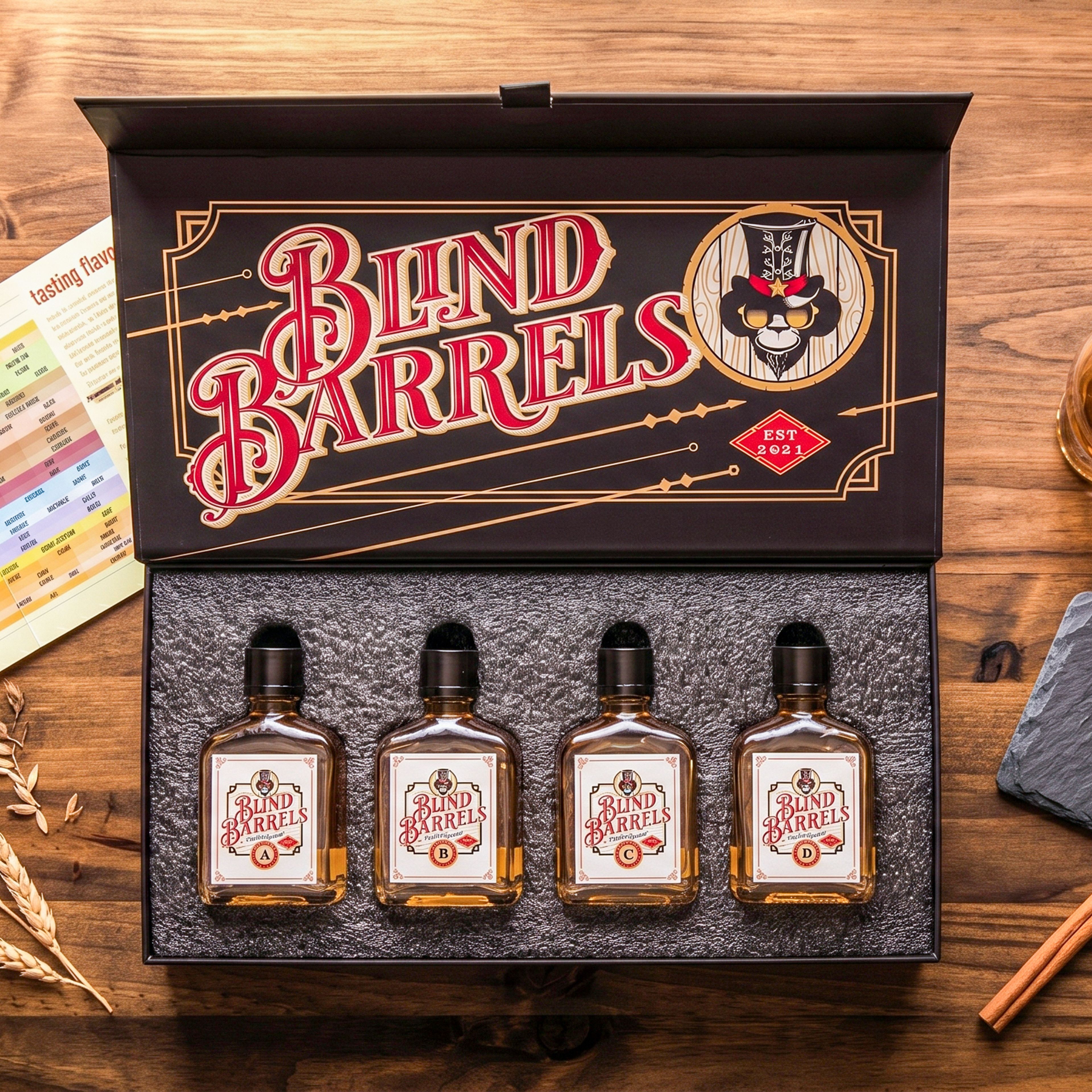 Flat lay view of the opened 'Blind Barrels' custom whiskey subscription kit, displaying four bottles, the EPE foam insert, and the custom instruction card.