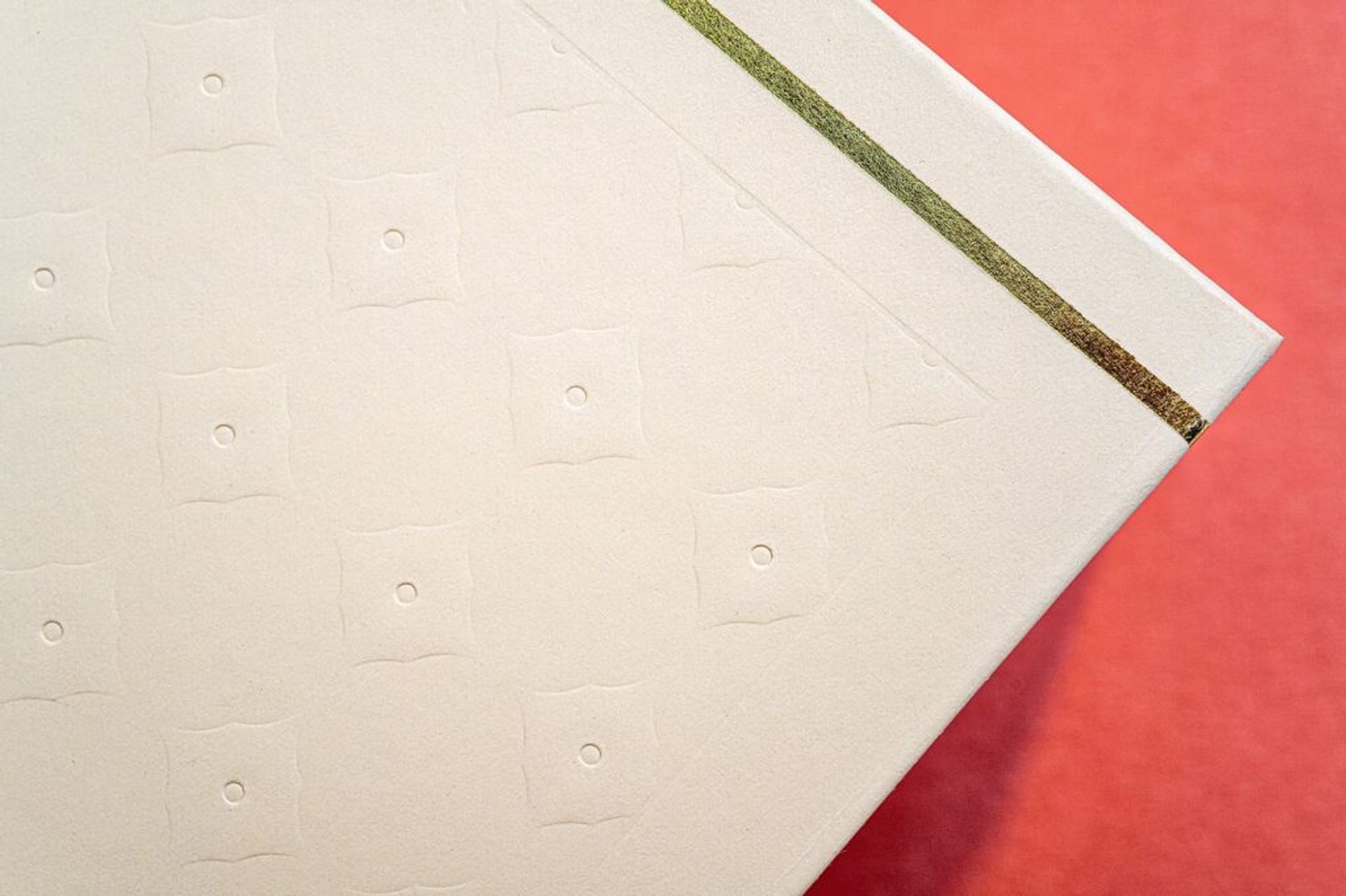 Detailed close-up of the textured embossed pattern and gold foil border on the cream paper box.