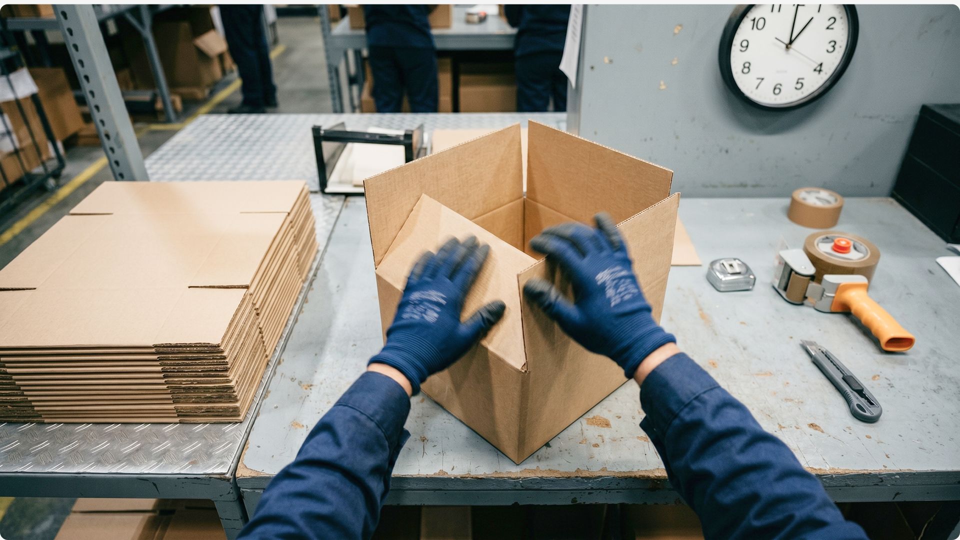 Gloved worker hand-assembling a cardboard box at a packing station beside a clock.