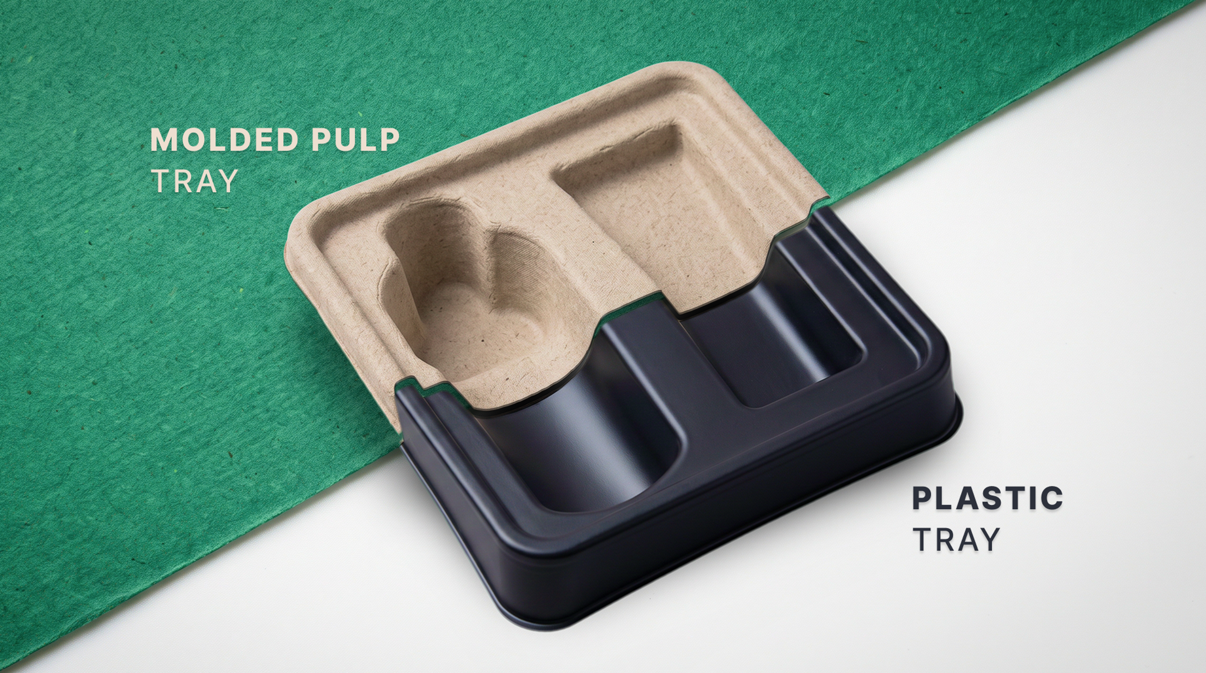 Molded pulp tray and black plastic tray of the same shape, side by side on a split green and white background.