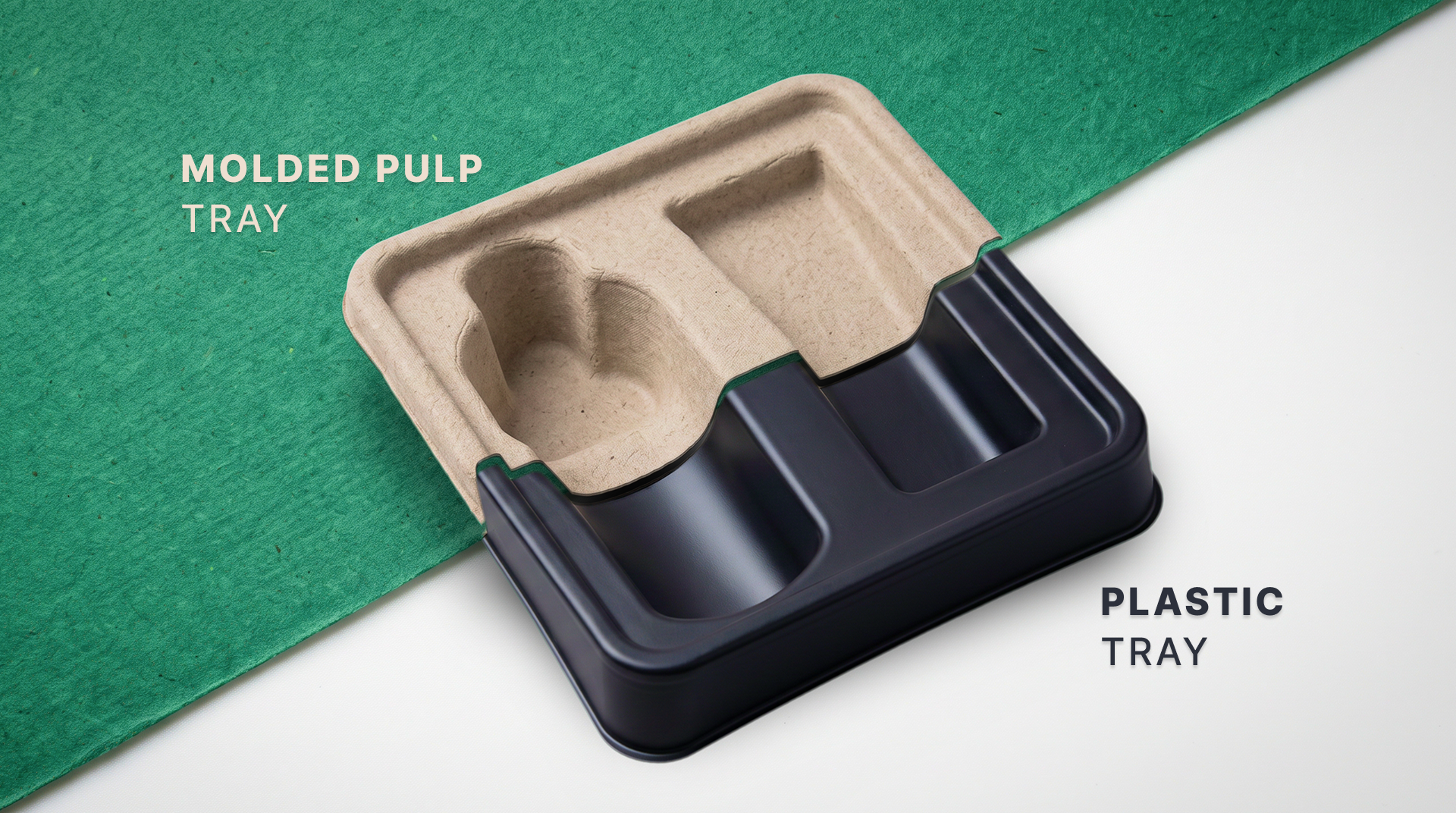 Molded pulp tray and black plastic tray of the same shape, side by side on a split green and white background.