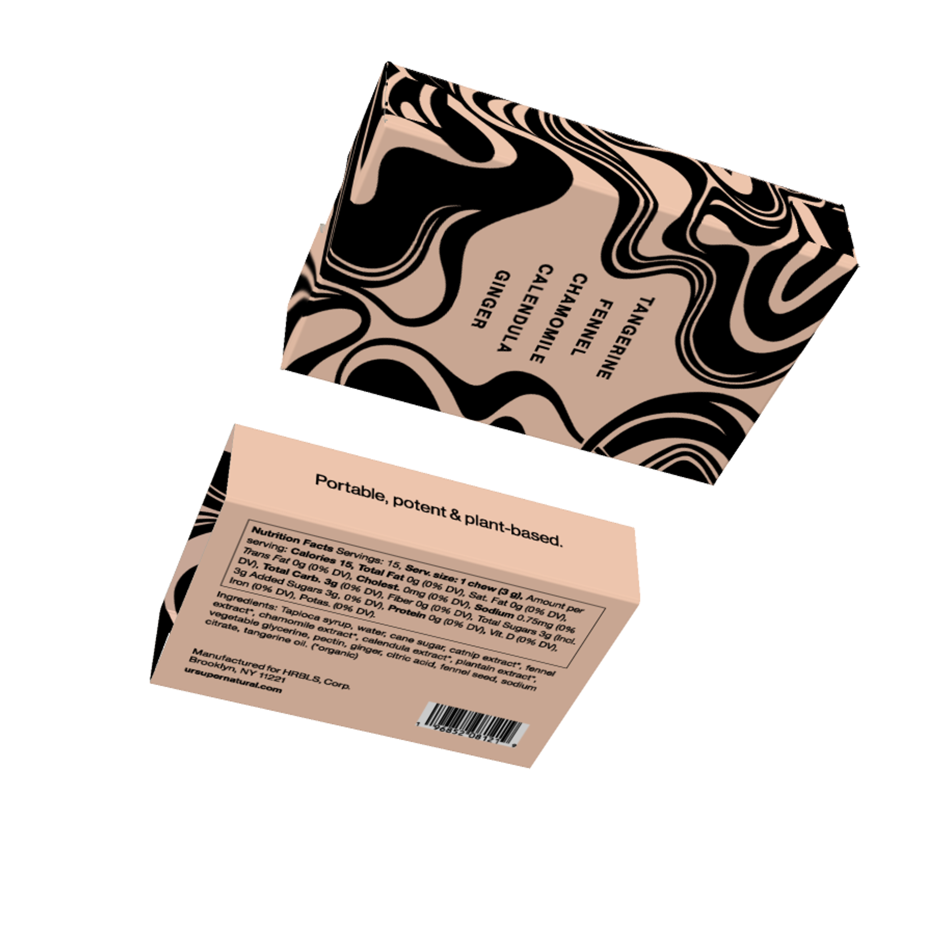 3D render of the back and bottom of a beige HRBLS Digestness box showing ingredients and nutrition facts.