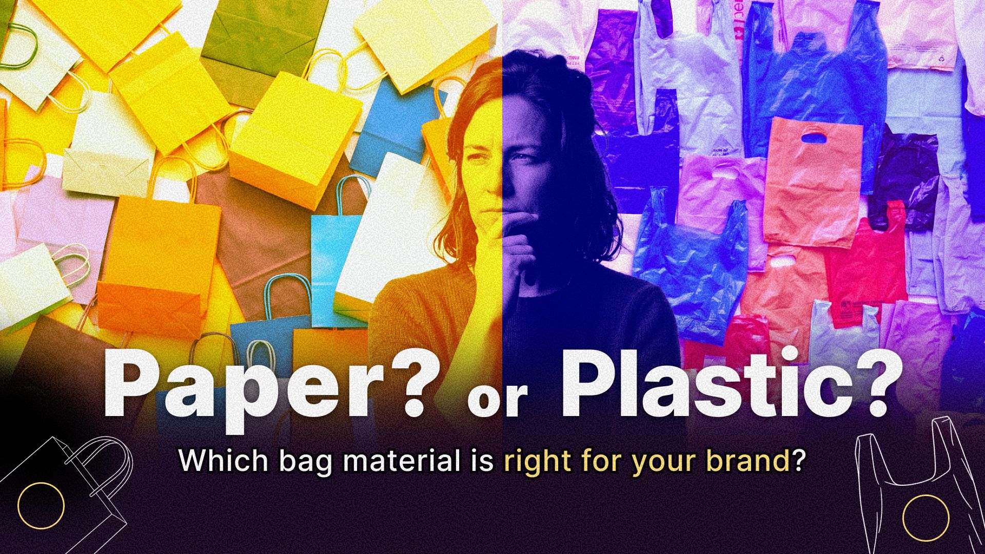 Paper? or Plastic? A split portrait between a wall of paper bags and a wall of plastic bags.