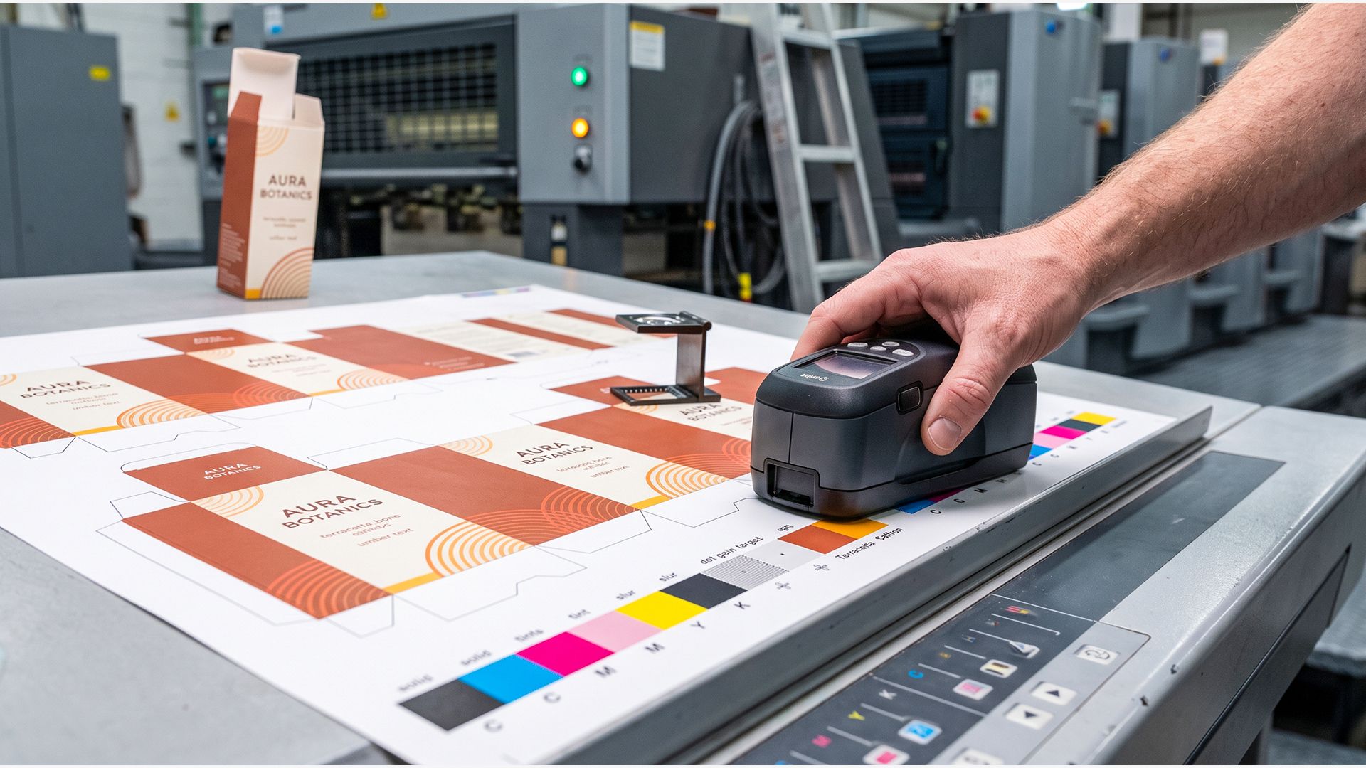 Hand using a digital spectrophotometer to measure color bars on an Aura Botanics packaging press sheet.