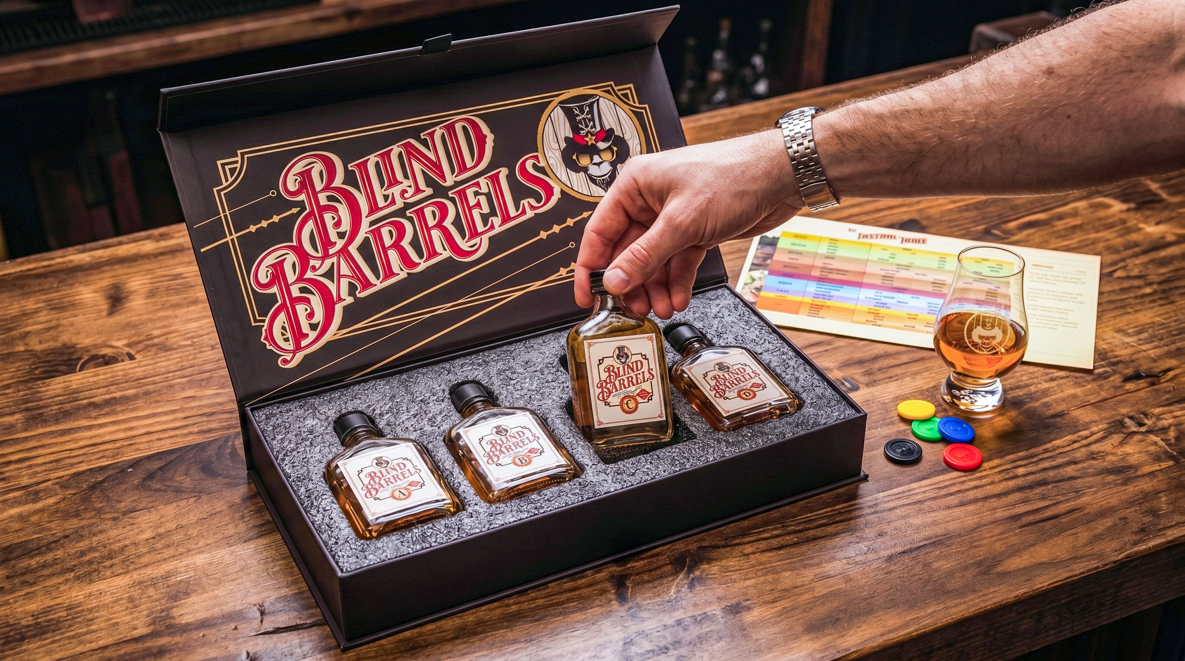 A hand removes a whiskey bottle from the custom EPE foam insert of an opened Blind Barrels subscription box.