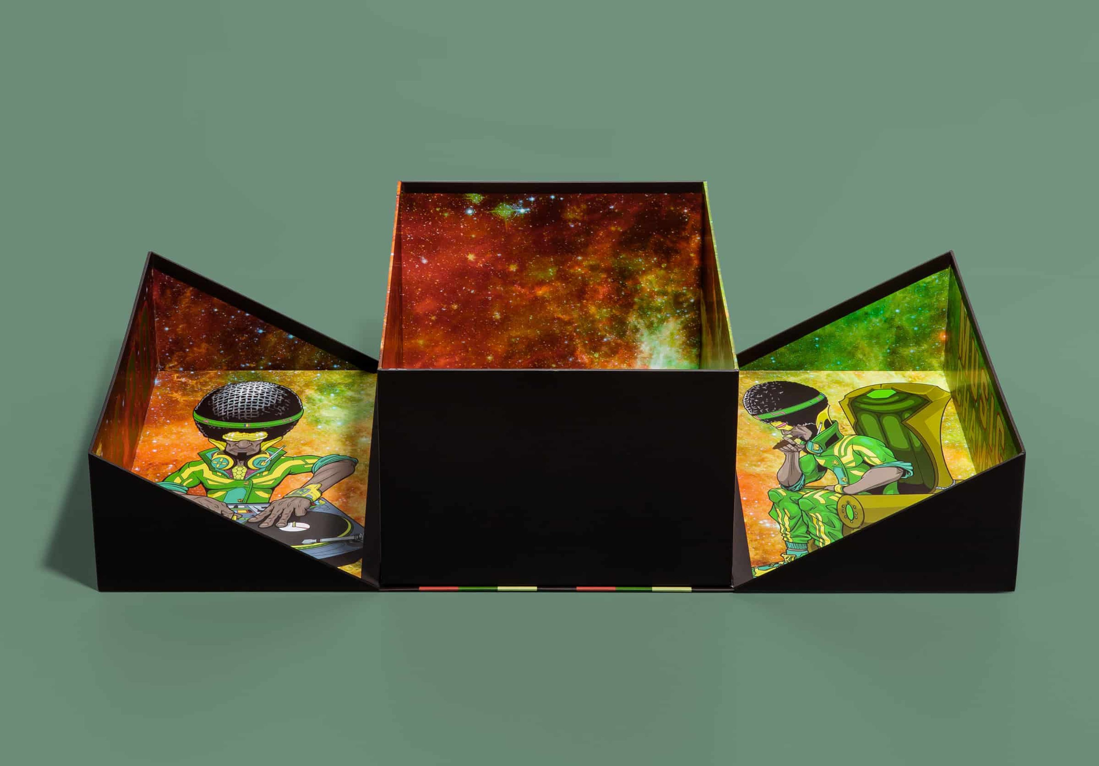 Rigid box with vibrant interior printing.