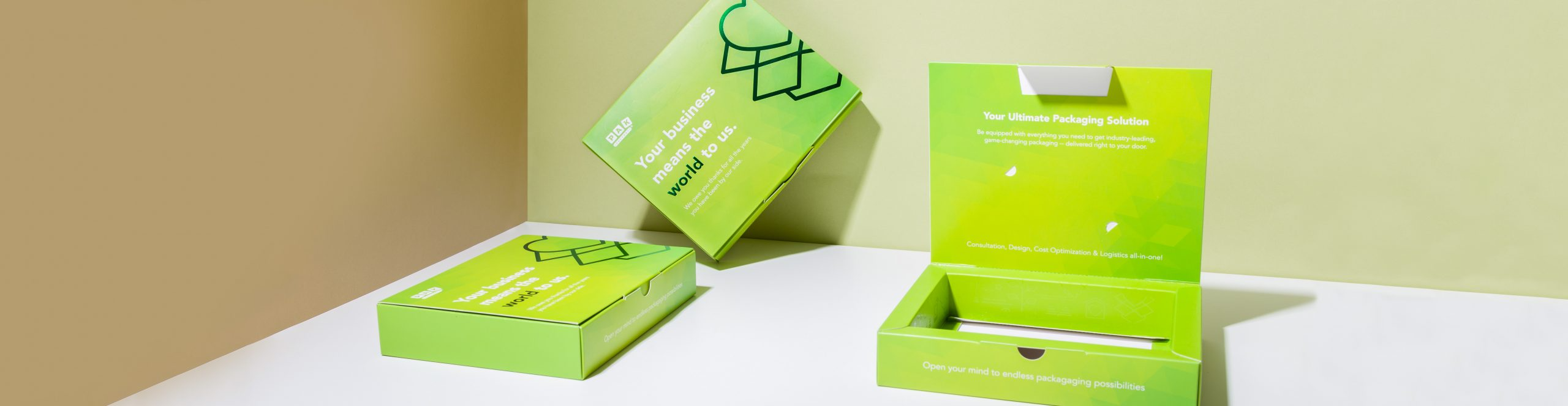 Custom folding carton double-wall side tray with a hinged lid by PakFactory in vibrant green.