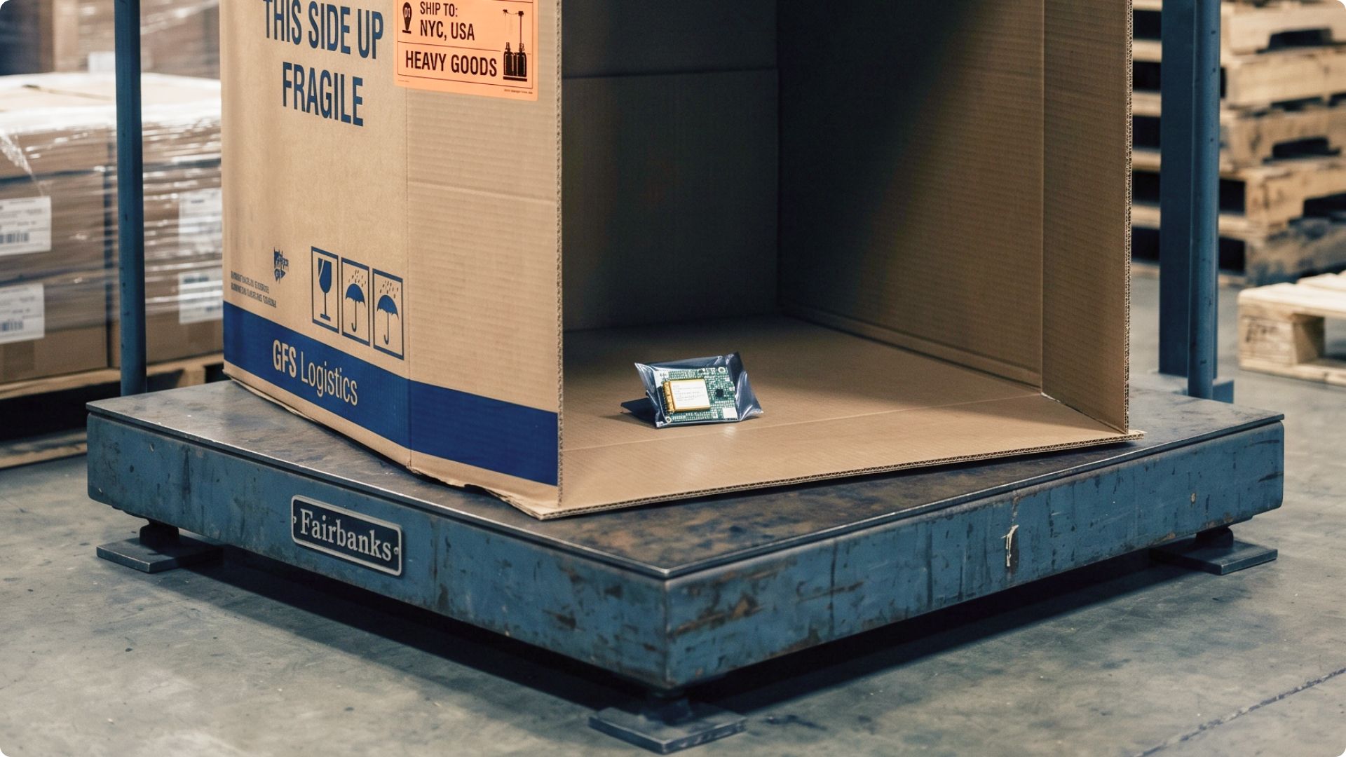 Large shipping box holding one small product on a warehouse scale, showing wasted space.