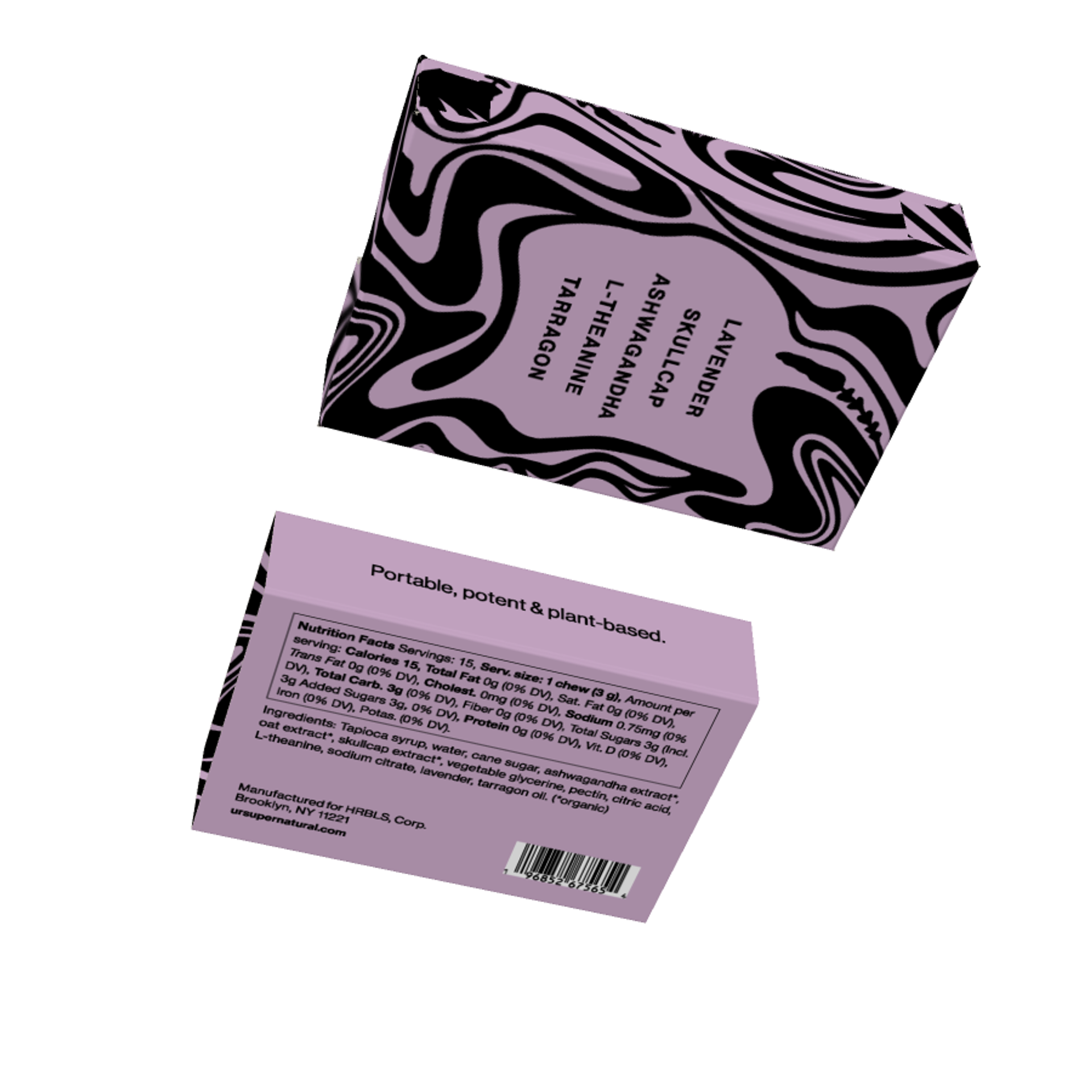 3D render of the back and bottom of a lavender HRBLS Nerve Less box showing ingredients and nutrition facts.