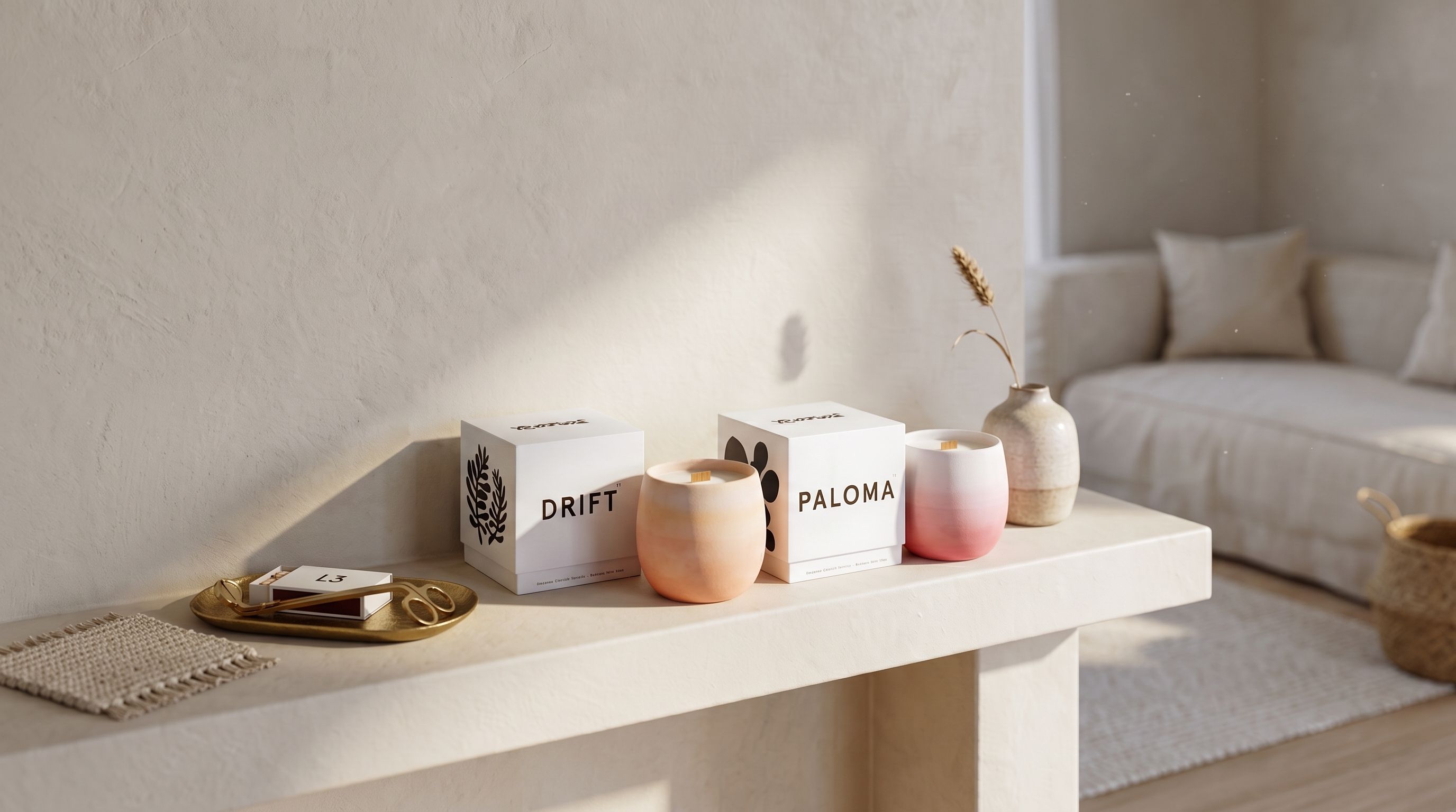Two gradient candles and their patterned white boxes on a cream ledge, beside a gold tray with matches and a wick trimmer.