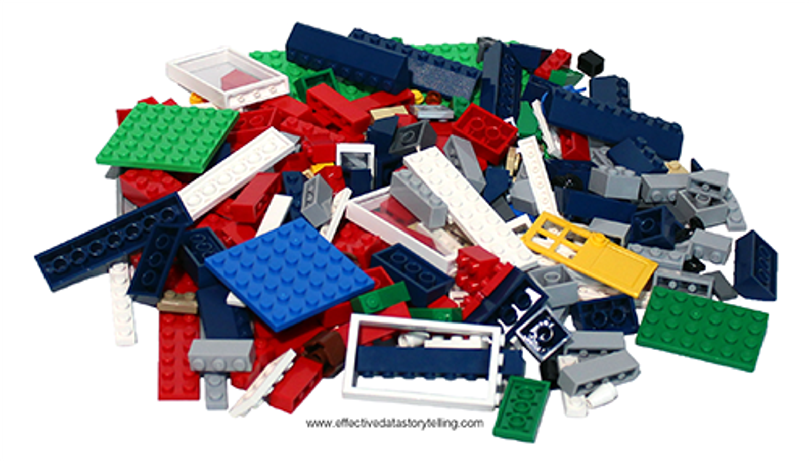 A jumbled pile of LEGO bricks with different colors and forms.