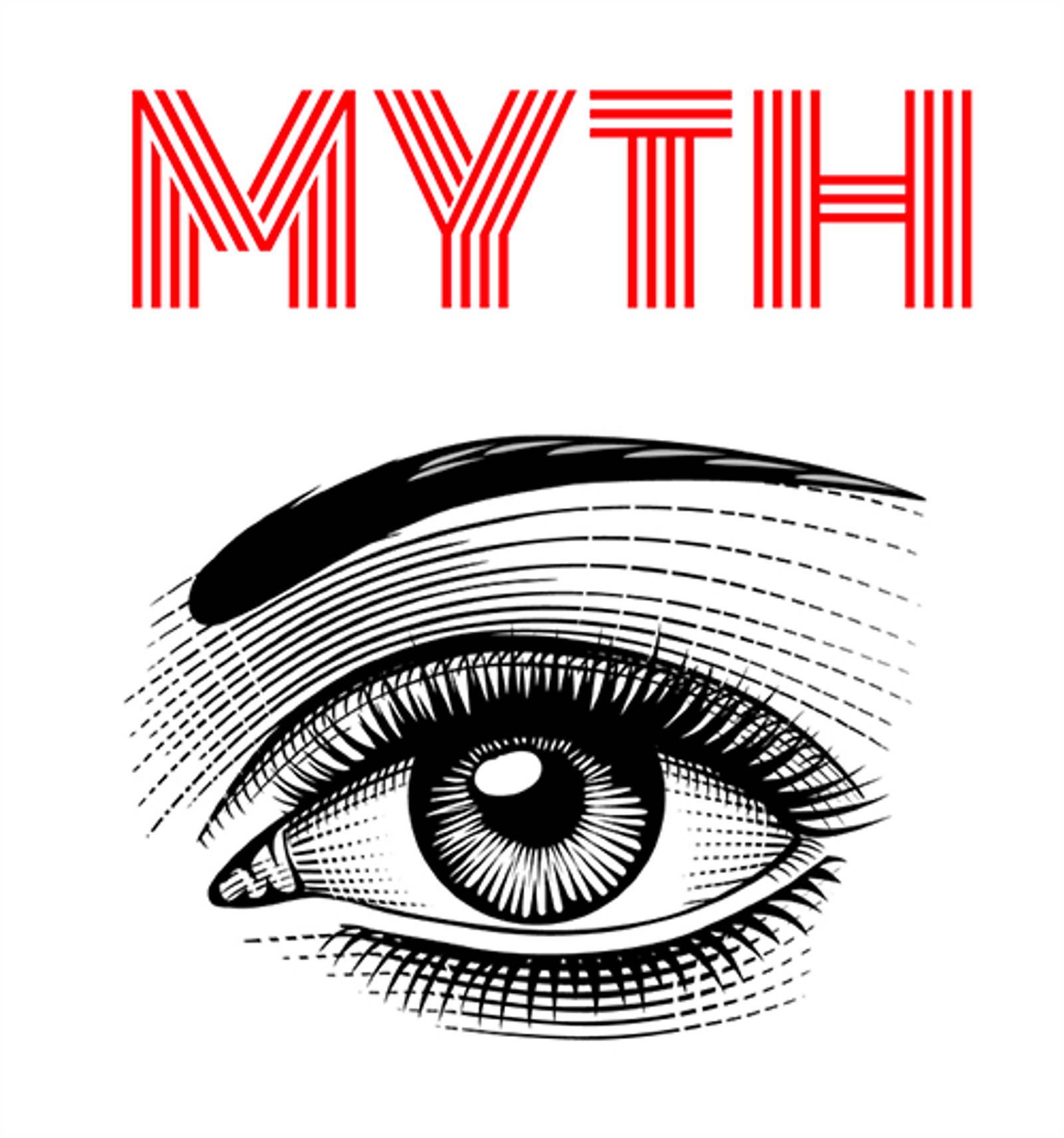 An eye with an eyebrow with the word "Myth" above it