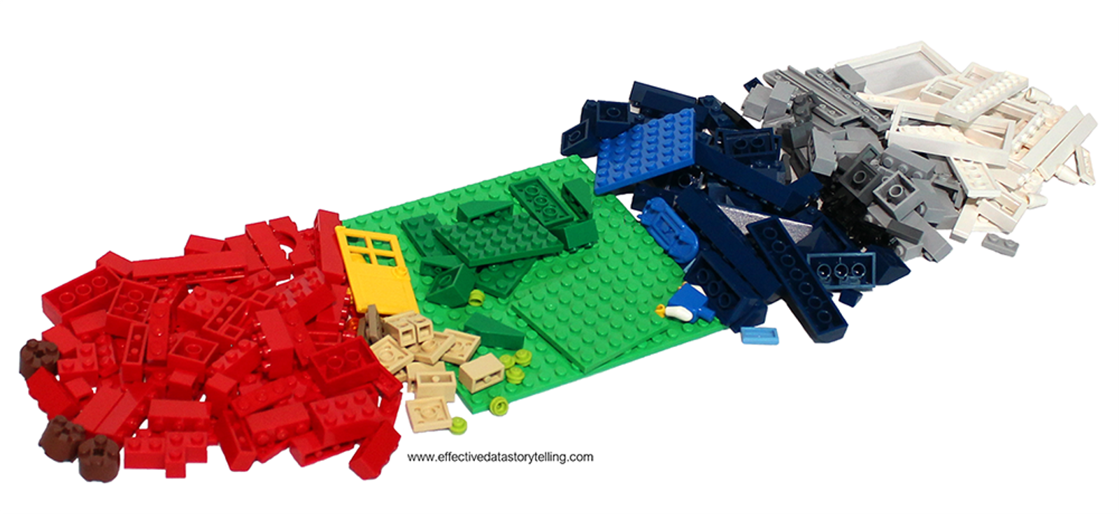 The same pile of LEGO bricks has been organized into smaller piles by color (brown, red, yellow, green, blue, black, gray, white)..