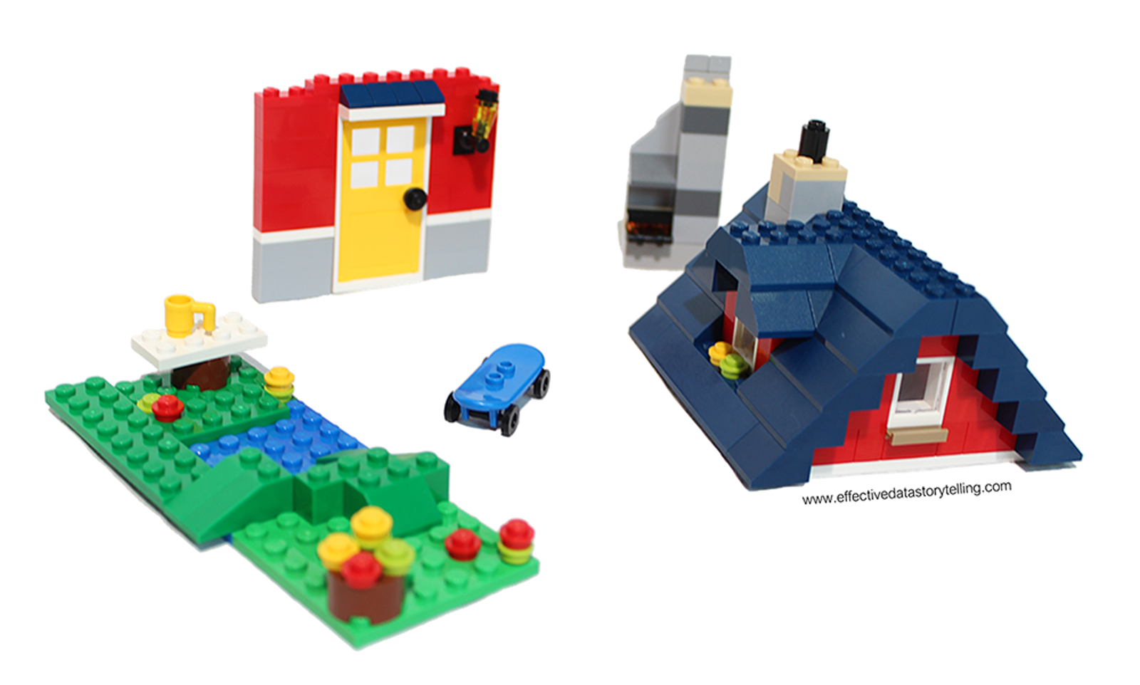 Five different subassemblies of LEGO pieces (pond, skateboard, a wall with a door, chimney with a BBQ, and roof top).