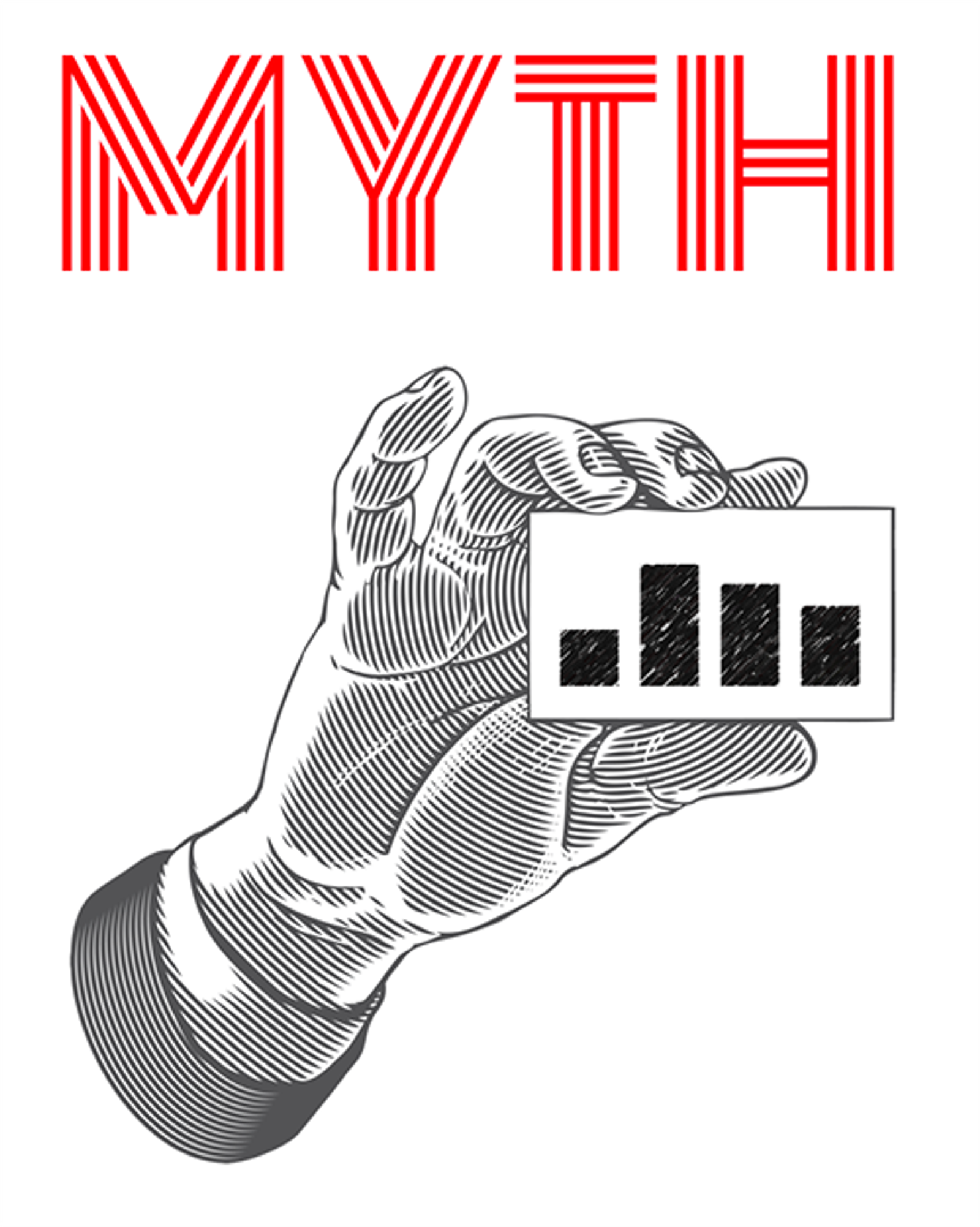 A hand holding a small card with a simple bar chart and the word "Myth" above it