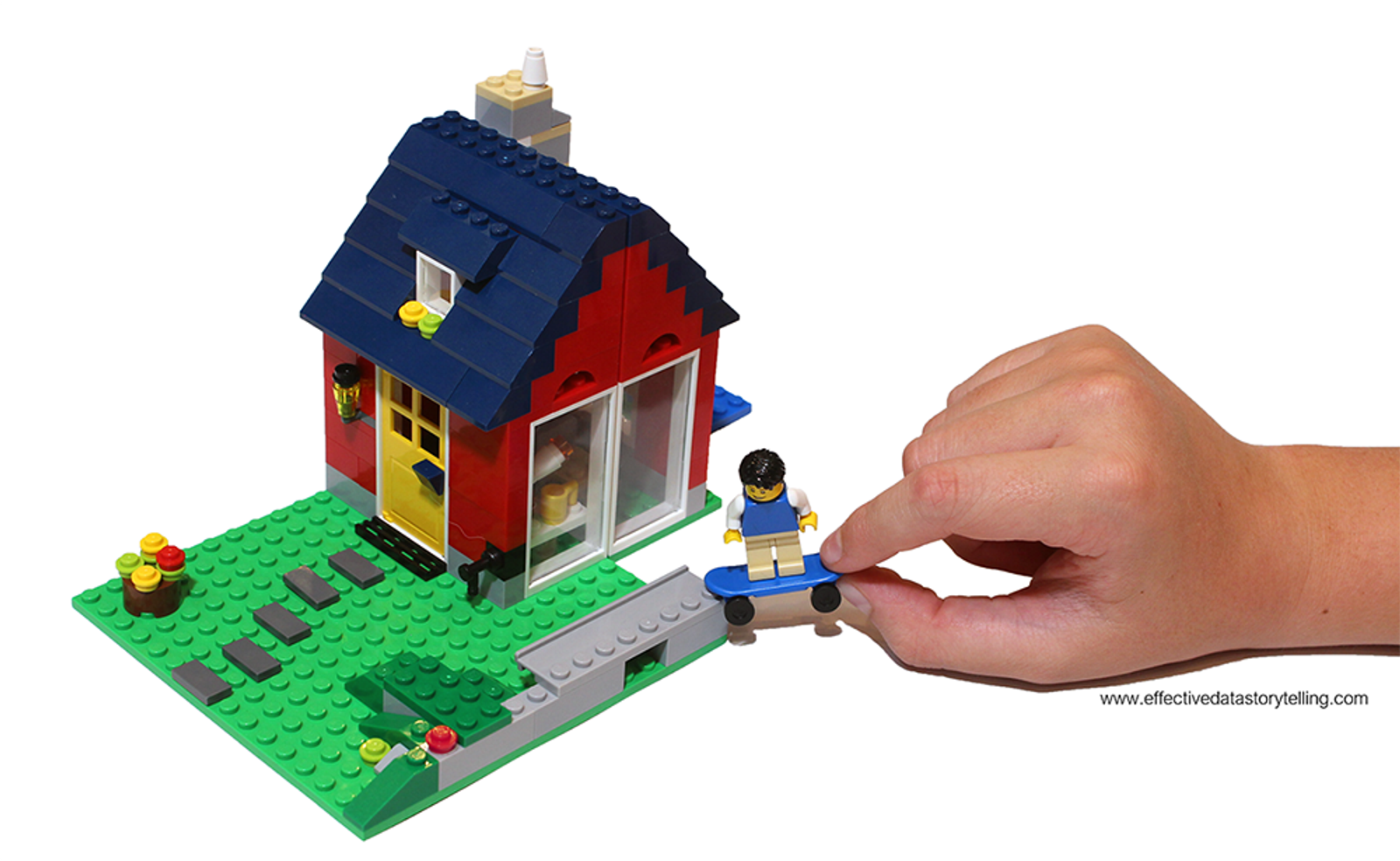 A fully constructed LEGO house with a boy's hand playing with a LEGO skater minifigure.