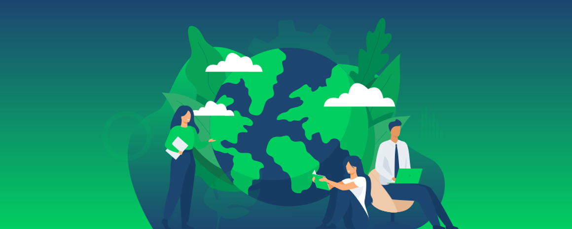 Two professionals reporting sustainability data in front of a globe