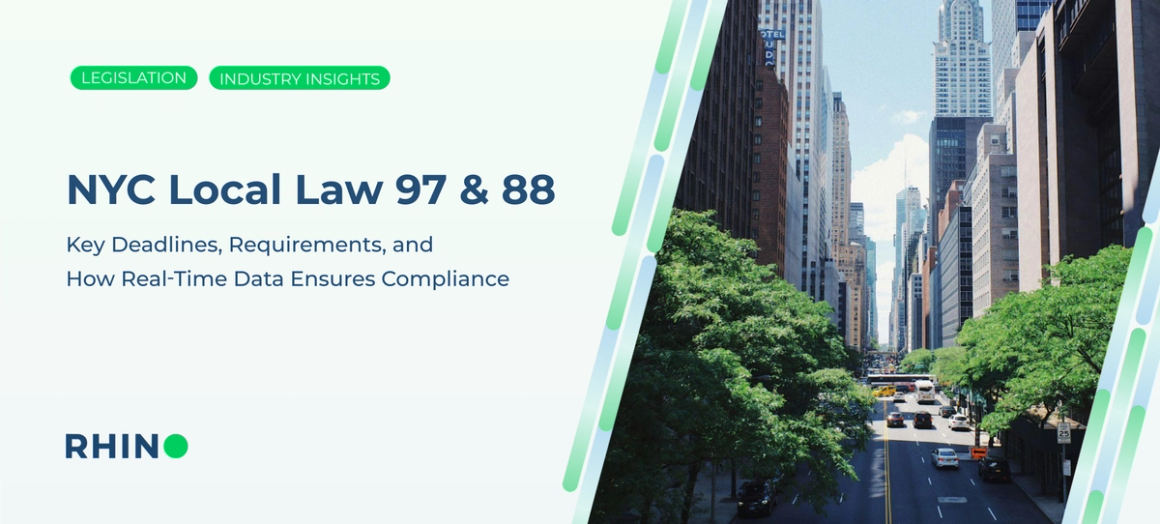 NYC Local Law 97 and 88 key deadlines and requirements, with a Manhattan street in the background