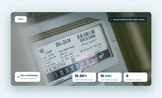 A close-up of a gas submeter dial, with callouts highlighting the unmetered residual, 15-minute timestamped readings, and zero estimated reads.
