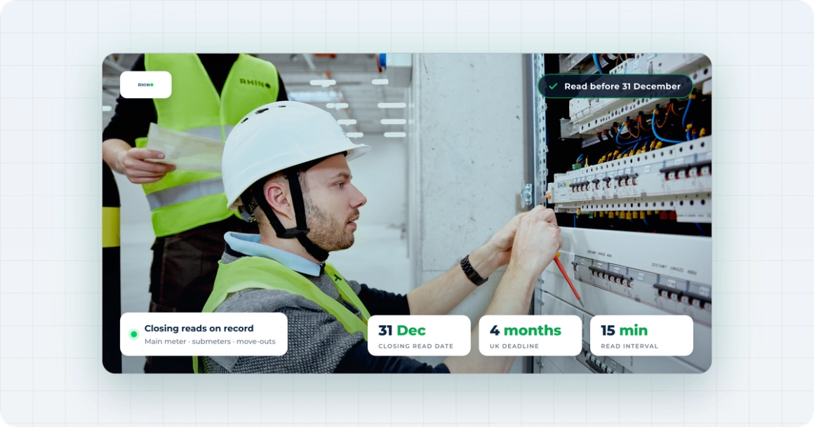 Een monteur in een Rhino-hesje werkt aan een verdeelkast met submeters terwijl een collega een document controleert, met Rhino-callouts: eindstanden vastgelegd voor hoofdmeter, submeters en vertrekkende huurders, 31 december als datum van de eindstand, een termijn van vier maanden voor de afrekening in het Verenigd Koninkrijk en automatische uitlezing elk kwartier.