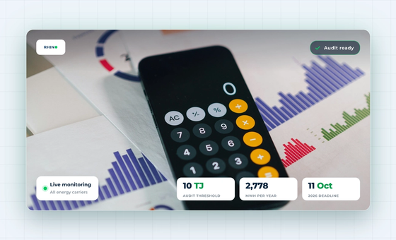 A smartphone calculator resting on printed consumption charts, with callouts showing the 10 terajoule energy audit threshold, its equivalent of 2,778 megawatt hours per year, and the 11 October 2026 deadline.