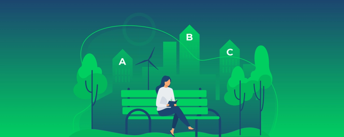 Illustration of a city with A, B and C energy labels on the buildings