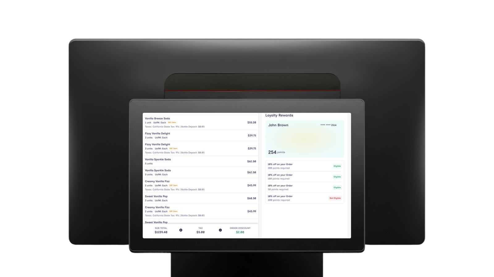 Split-screen checkout experience. Cashier using POS on left, Customer Display on right showing scanned items, running total, loyalty savings, payment status