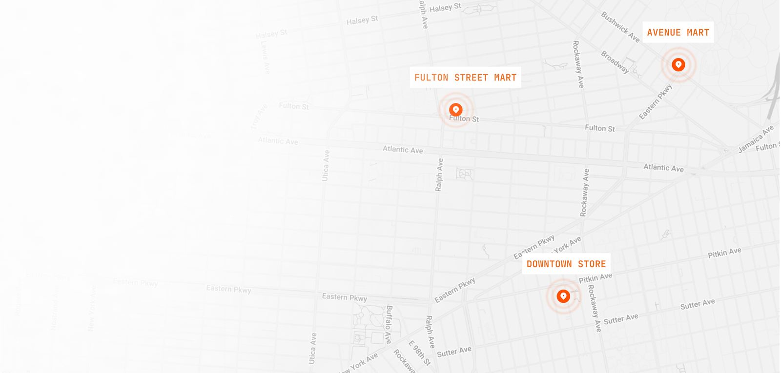 Map view showing sales today for Downtown, North, and East stores unified into one central dashboard.