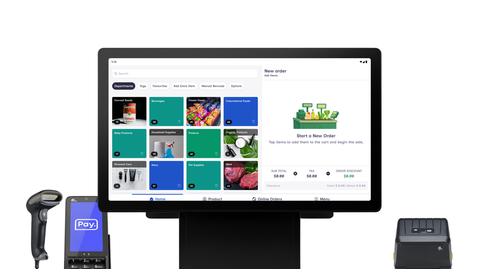 Large POS checkout screen showing cart building in real-time, produce being weighed, discounts applied
