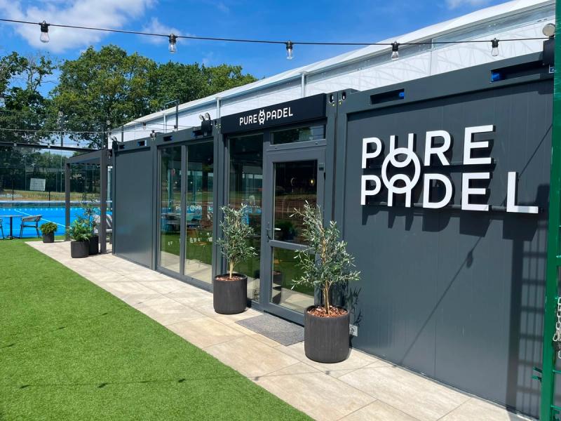 Pure Padel club house entrance with exterior and festoon lighting