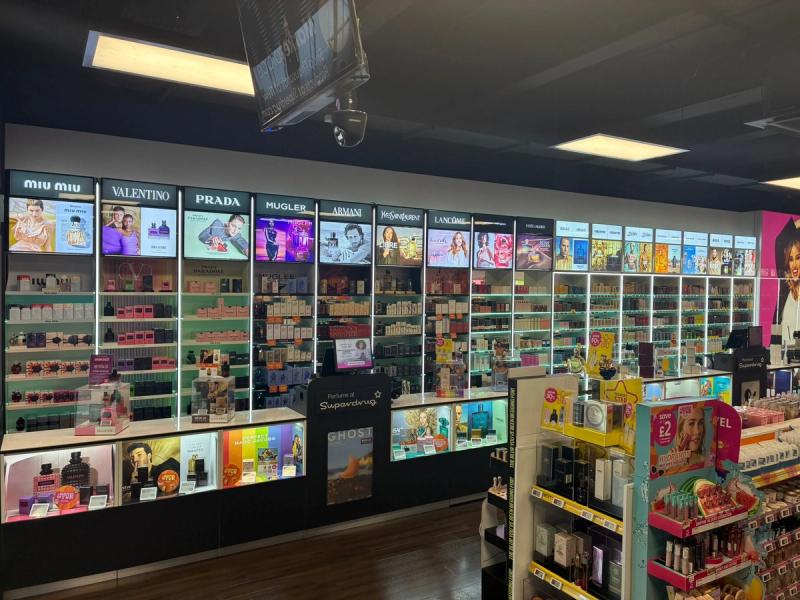 Inside the store - the new beauty section showing new lighting, product cabinets, ac cassette