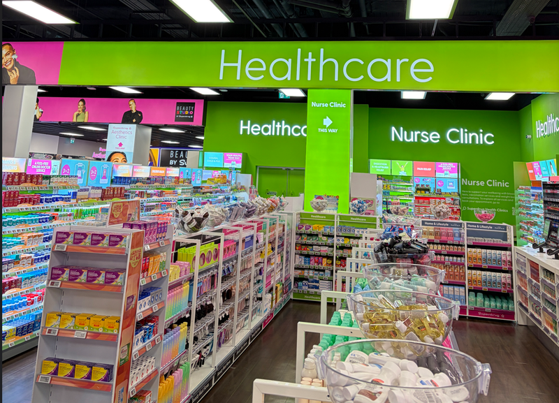 Healthcare counter and lighting in the new Superdrug store, White Rose, Leeds