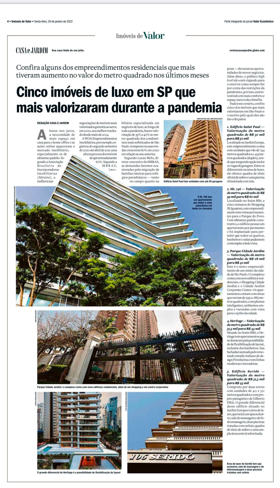 MBRAS é referência no Valor Econômico em matéria sobre os 5 Imóveis de Luxo mais valorizados de São Paulo