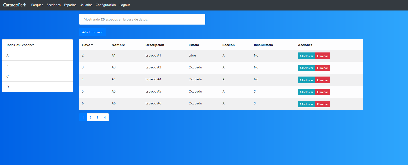 an screenshot of a website containing a table with all the available spaces in a parking lot