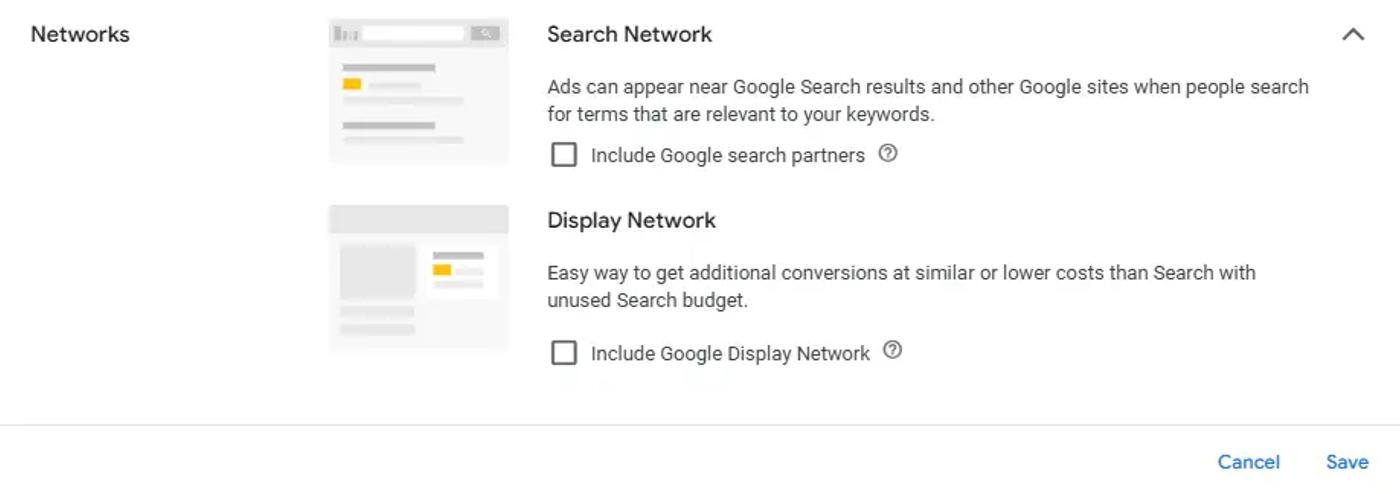 Google Ads network settings panel with unticked checkboxes for Google search partners and the Display Network