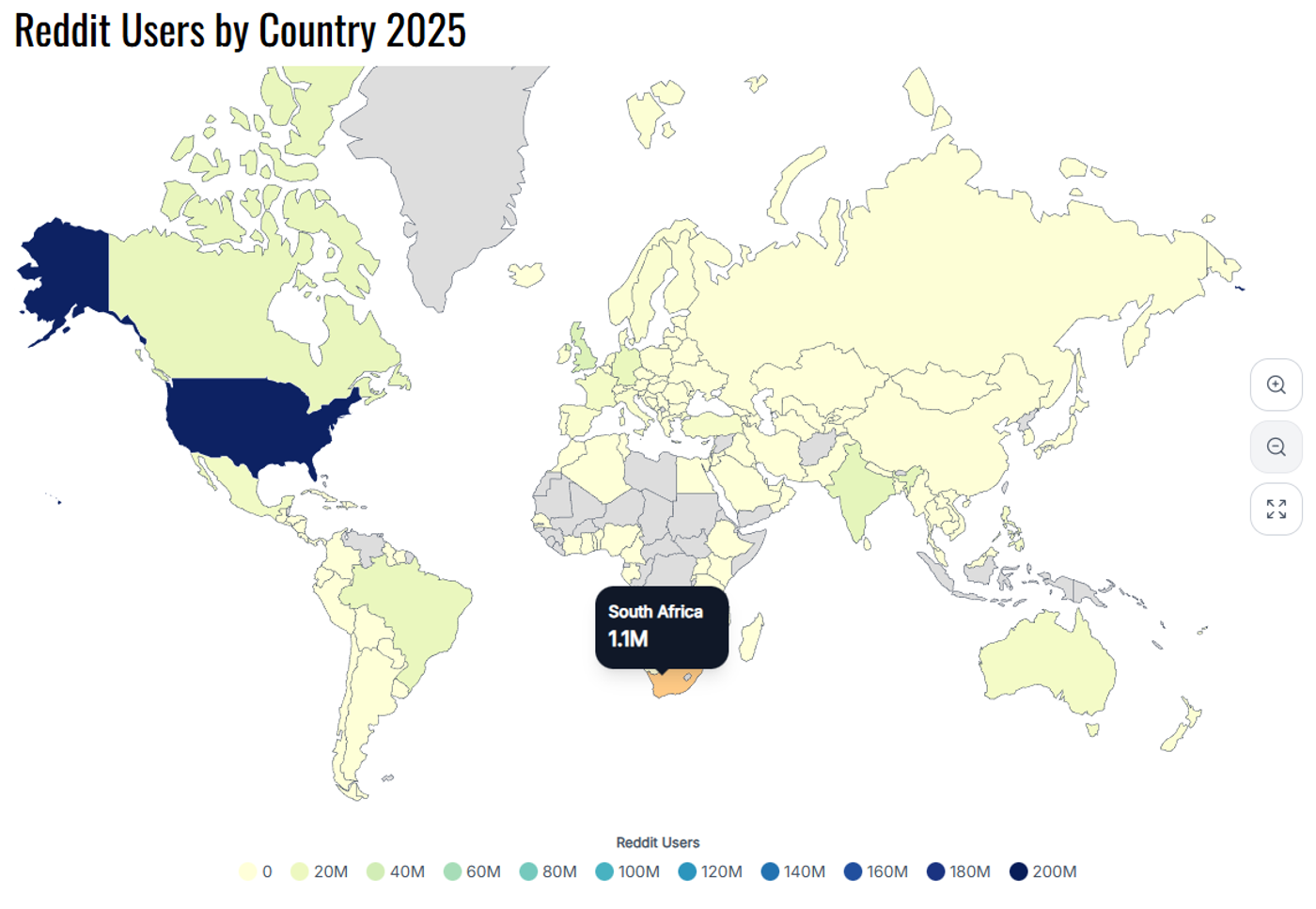 Reddit users by country - 1.1 million in South Africa