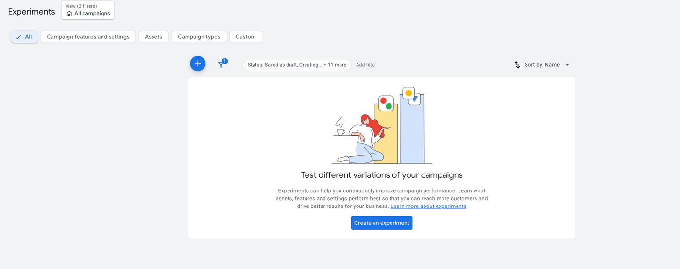 google ads experiments tab in the interface