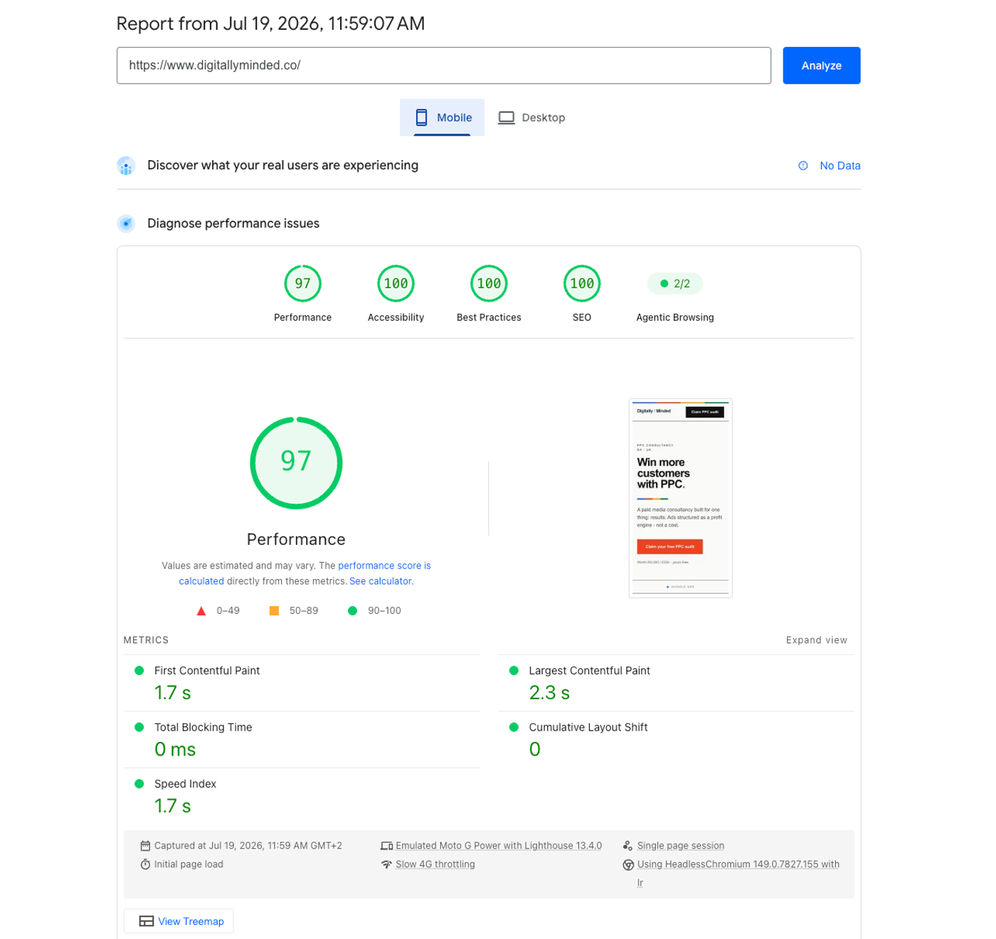 Google PageSpeed Insights mobile report for digitallyminded.co, 19 July 2026: 97 performance, 100 accessibility, 100 best practices, 100 SEO