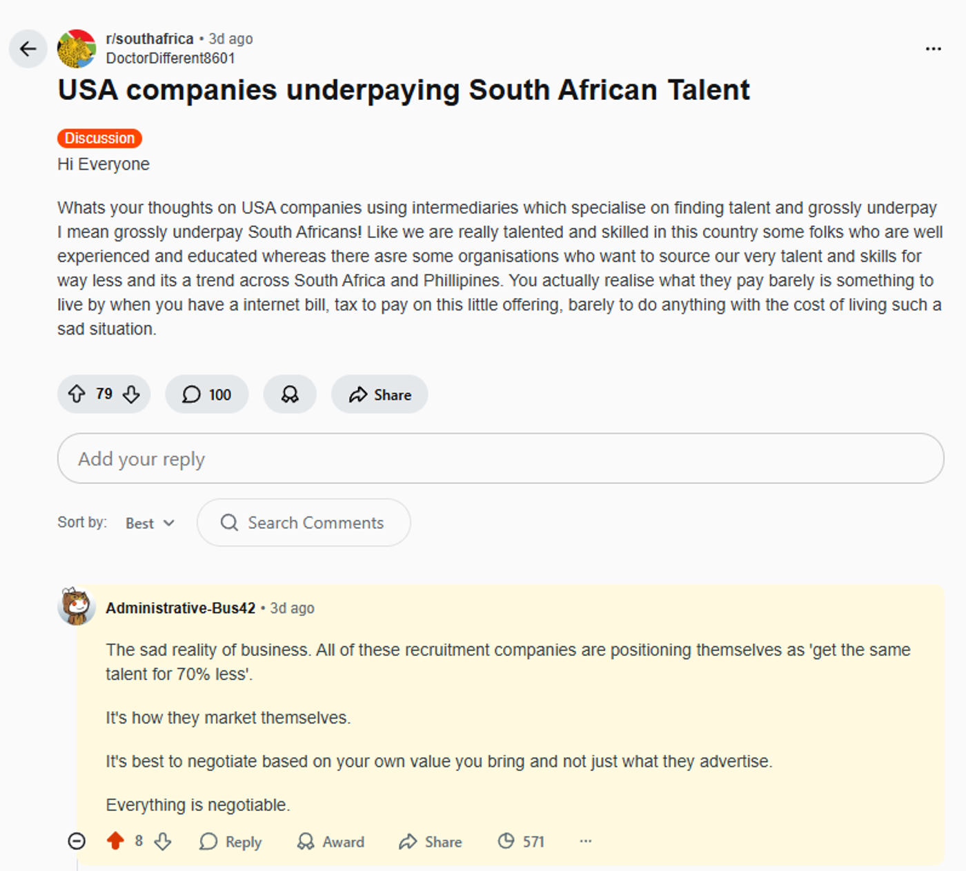 Reddit thread in r/southafrica discussing USA companies underpaying South African talent