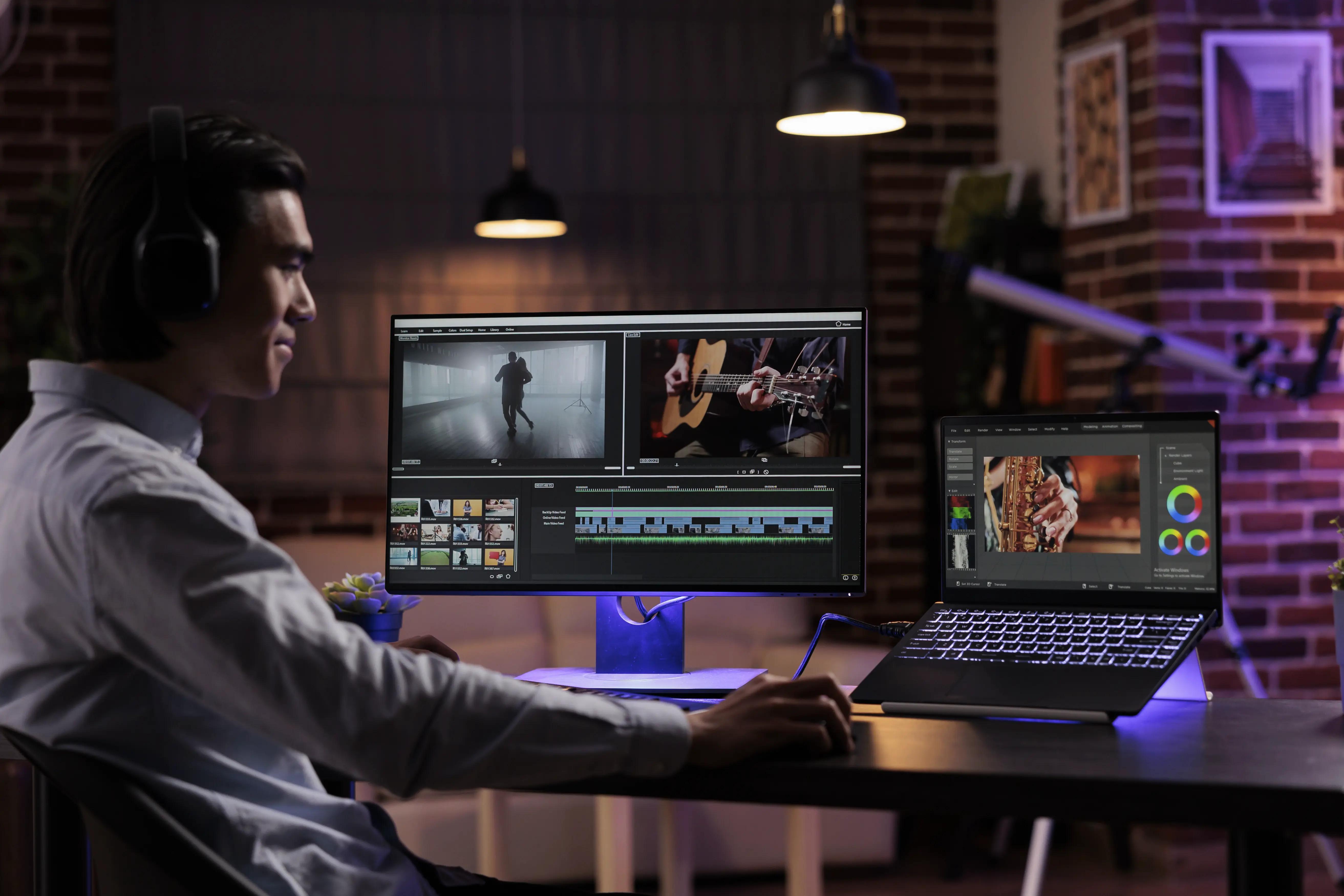 Focused young professional editing video footage on a sophisticated computer setup with color grading and special effects software, in a well-organized multimedia studio, showcasing the meticulous process of video production and post-production.