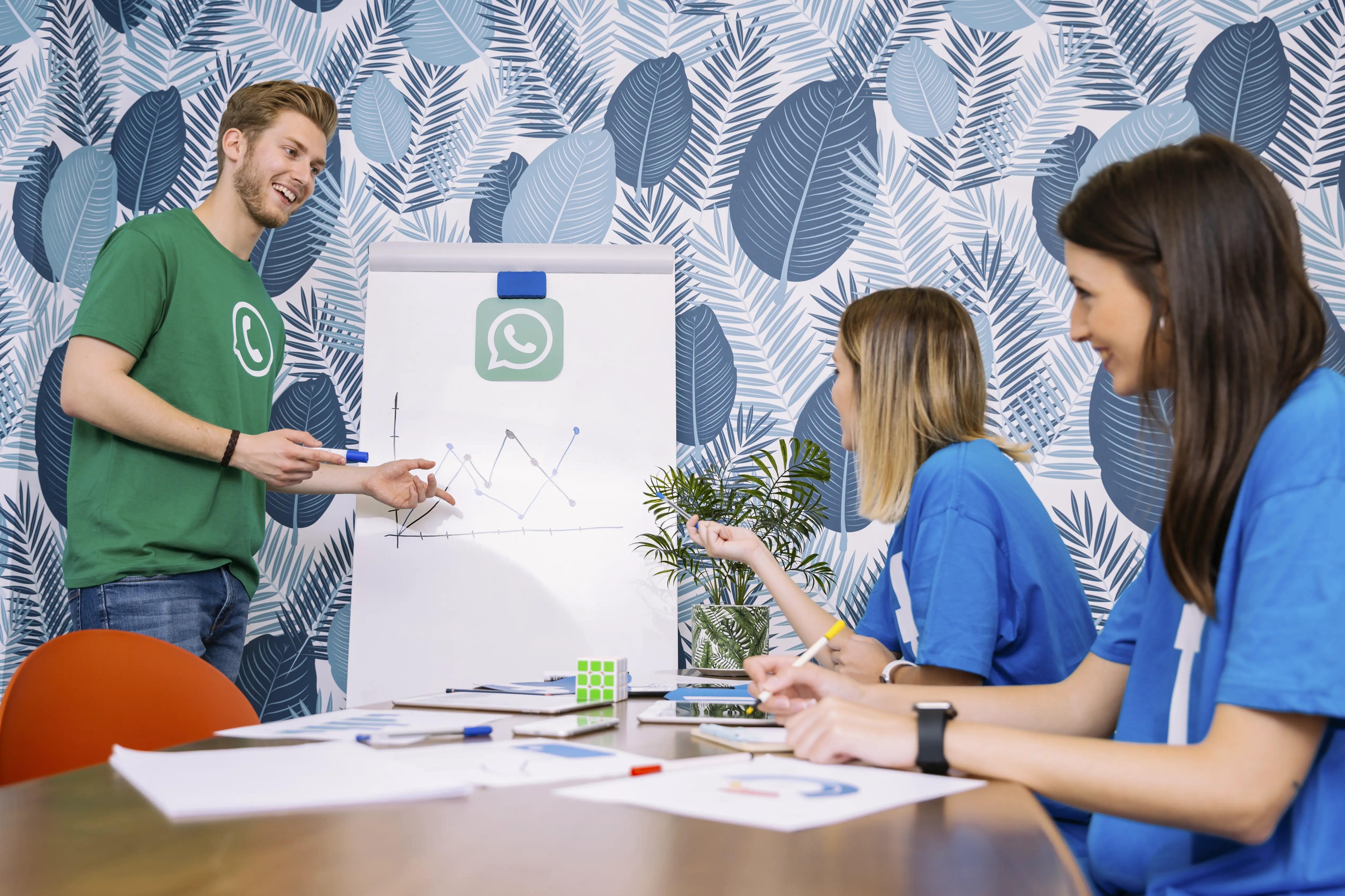 Enthusiastic team in casual attire collaboratively analyzing social media performance graph in a vibrant office decorated with leaf patterns, showcasing teamwork in social media strategy sessions